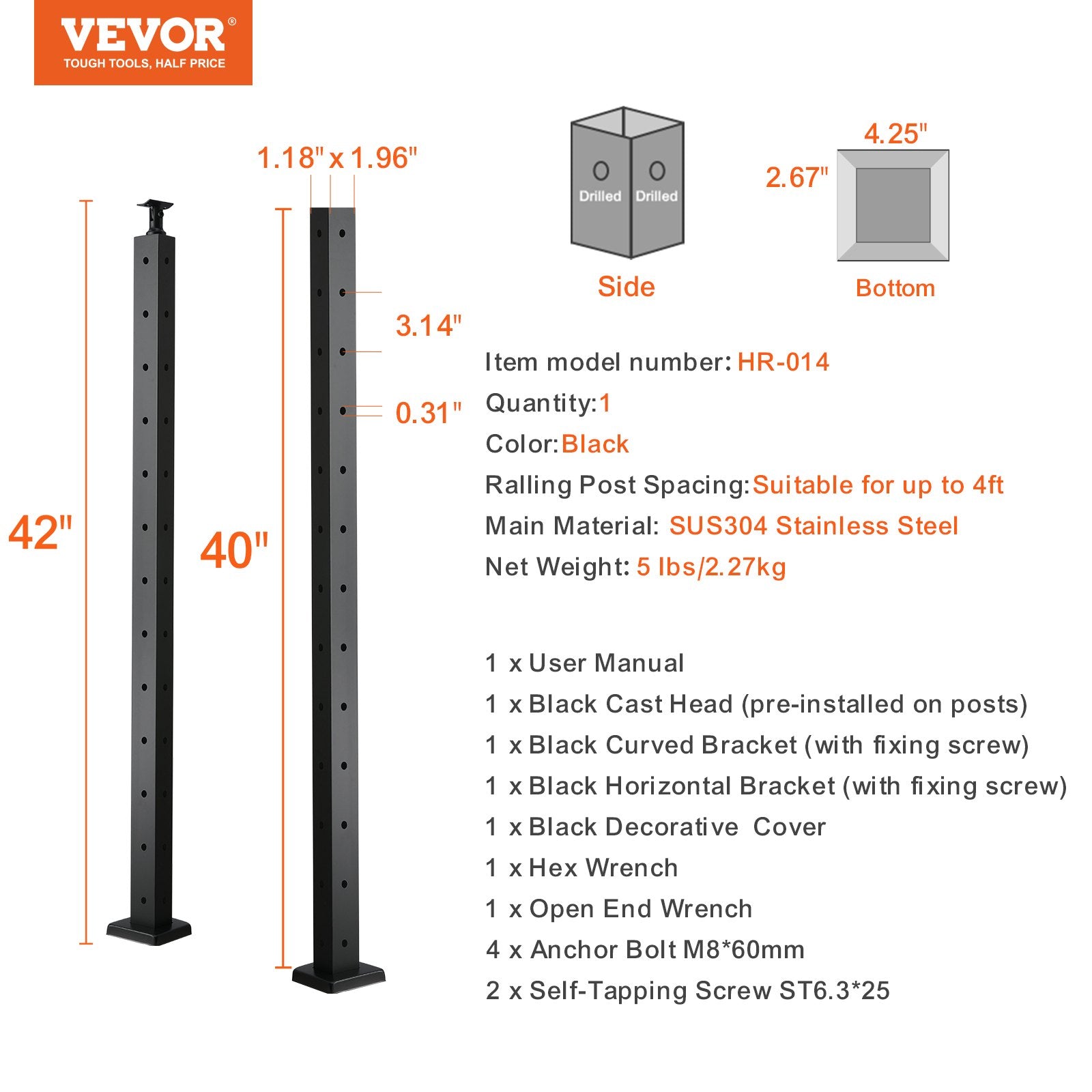 Cable Railing Post, 42" x 1" x 2" Steel L-Shaped Hole Corner Railing Post, 12 Pre-Drilled Holes, SUS304 V952-1JZLGZHS1067CSWRBV0