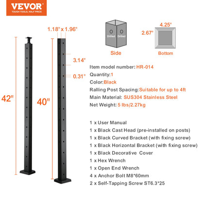 Cable Railing Post, 42" x 1" x 2" Steel L-Shaped Hole Corner Railing Post, 12 Pre-Drilled Holes, SUS304 V952-1JZLGZHS1067CSWRBV0