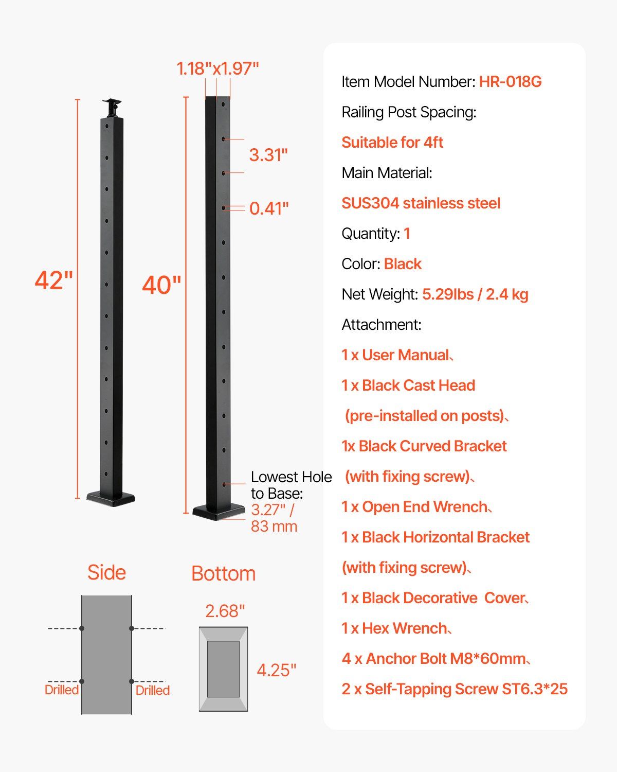 Cable Railing Post, 106.7x2.5x5 cm Level Deck Stair Posts, 1-Pack Stainless Steel Cable Handrail Post, V952-1JZLGZXHS1063GGTD001V0