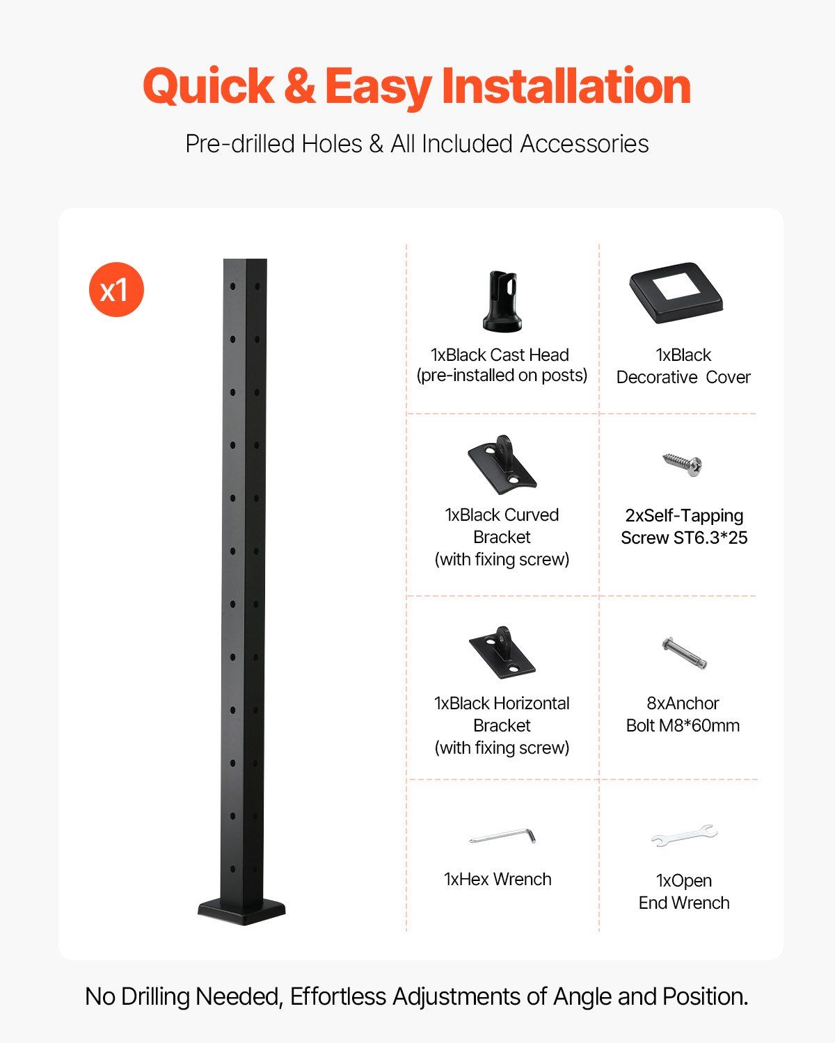 Cable Railing Post, 106.7x5x5cm Corner Railing Post, with L-Shaped Pre-Drilled Holes, Stainless Steel Cable V952-1JZLGZXHS1065S1EW001V0