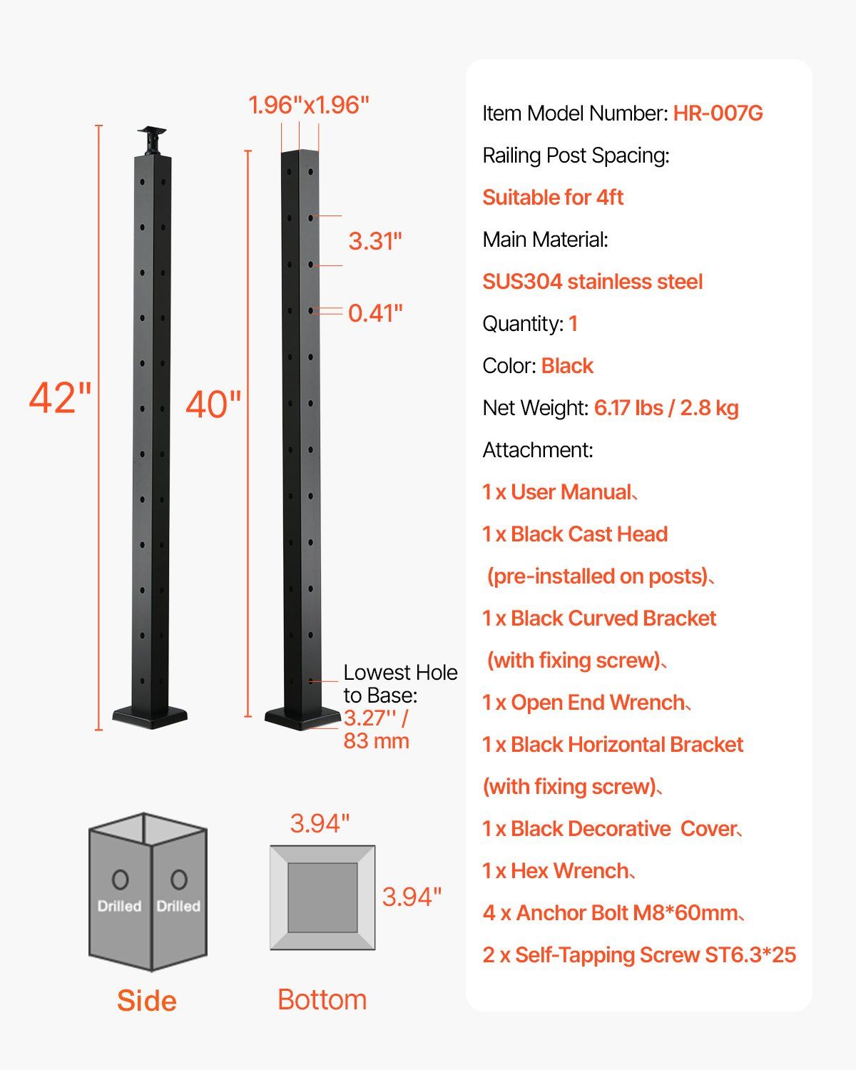 Cable Railing Post, 106.7x5x5cm Corner Railing Post, with L-Shaped Pre-Drilled Holes, Stainless Steel Cable V952-1JZLGZXHS1065S1EW001V0