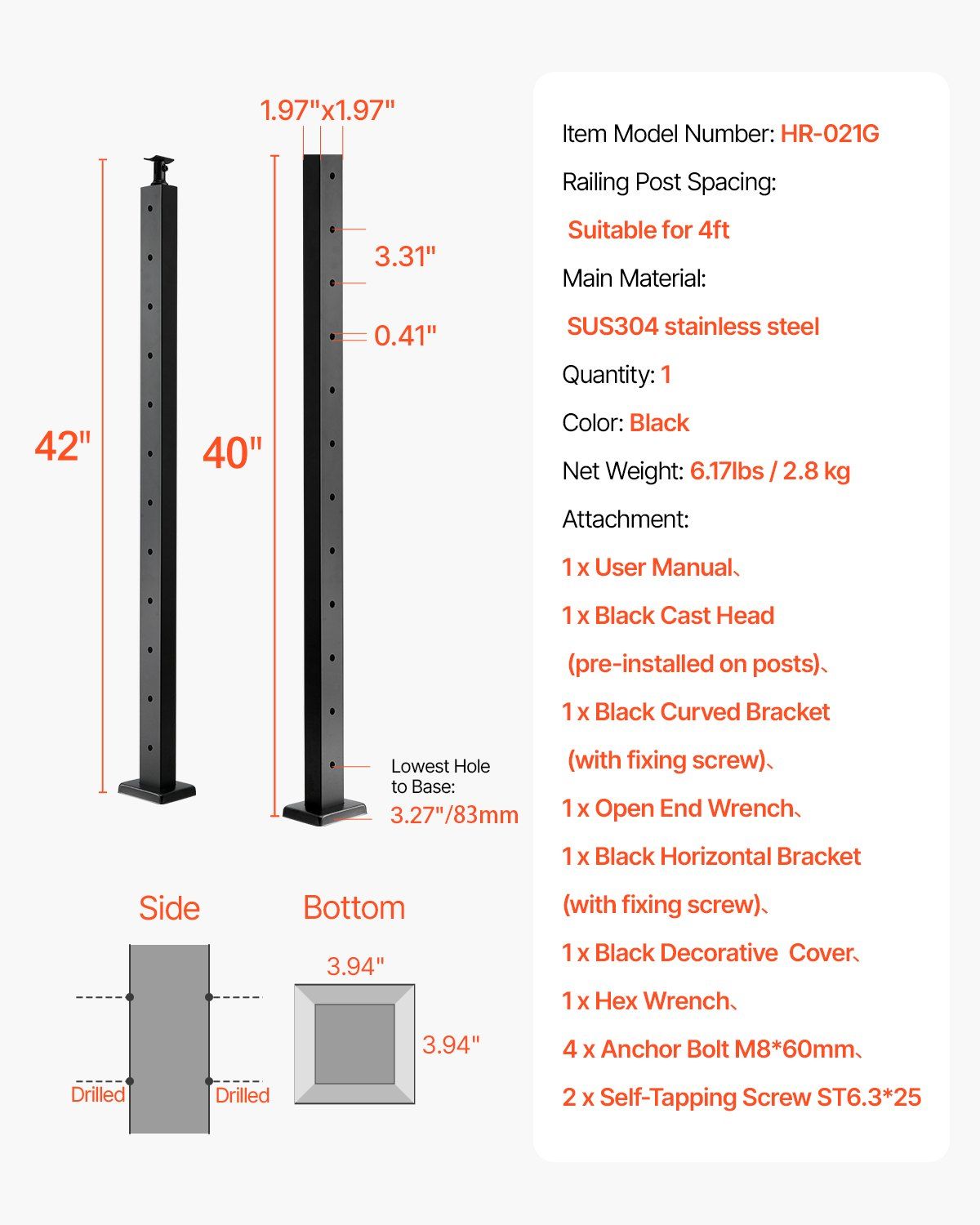 Cable Railing Post, 106.7x5x5cm Level Deck Stair Posts, 1-Pack Stainless Steel Cable Handrail Post, V952-1JZLGZXHS106AWJO6001V0