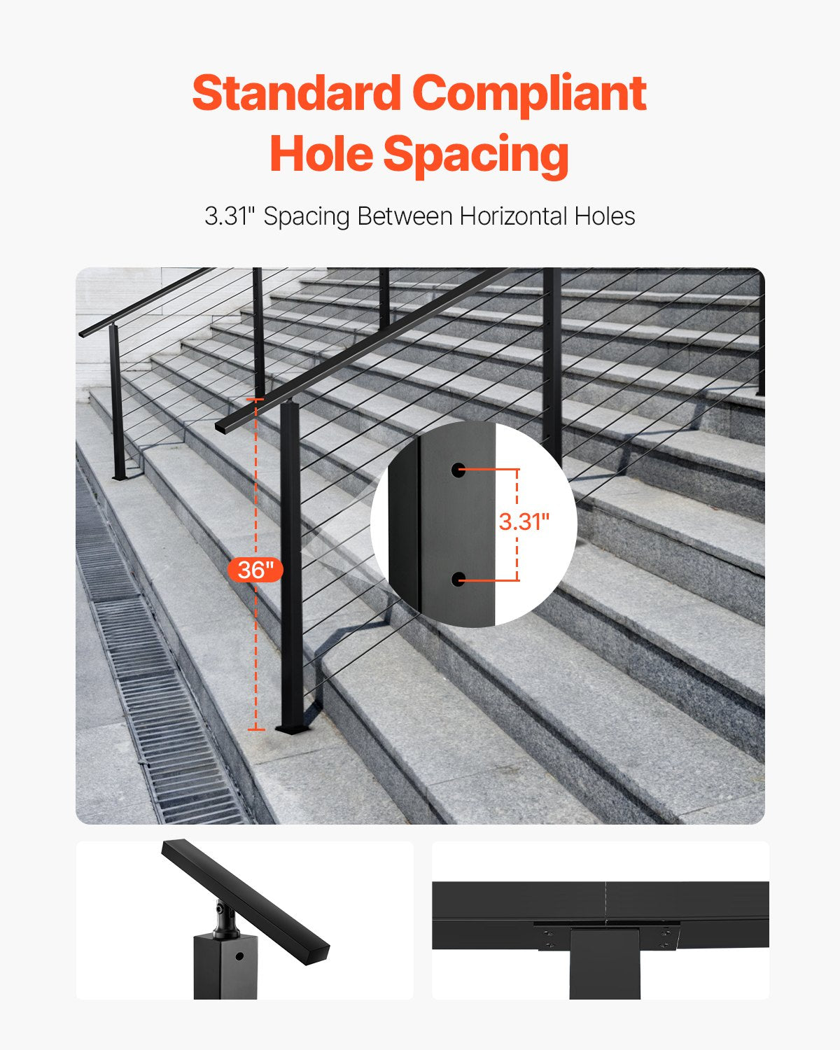 Cable Railing Post, 36x2x2 Inch Stair Railing Post, with Pre-Drilled 30 degrees Angled Holes, Stainless Steel V952-1JZLGZXHS914YIVIS001V0