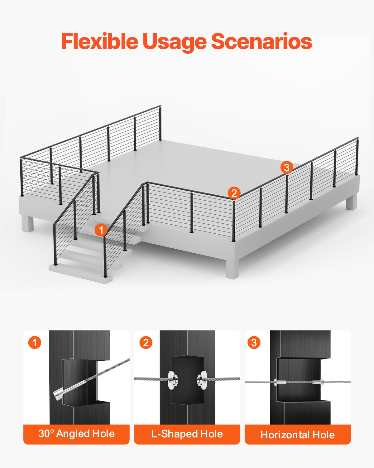 Cable Railing Post, 36x2x2 Inch Stair Railing Post, with Pre-Drilled 30 degrees Angled Holes, Stainless Steel V952-1JZLGZXHS914YIVIS001V0