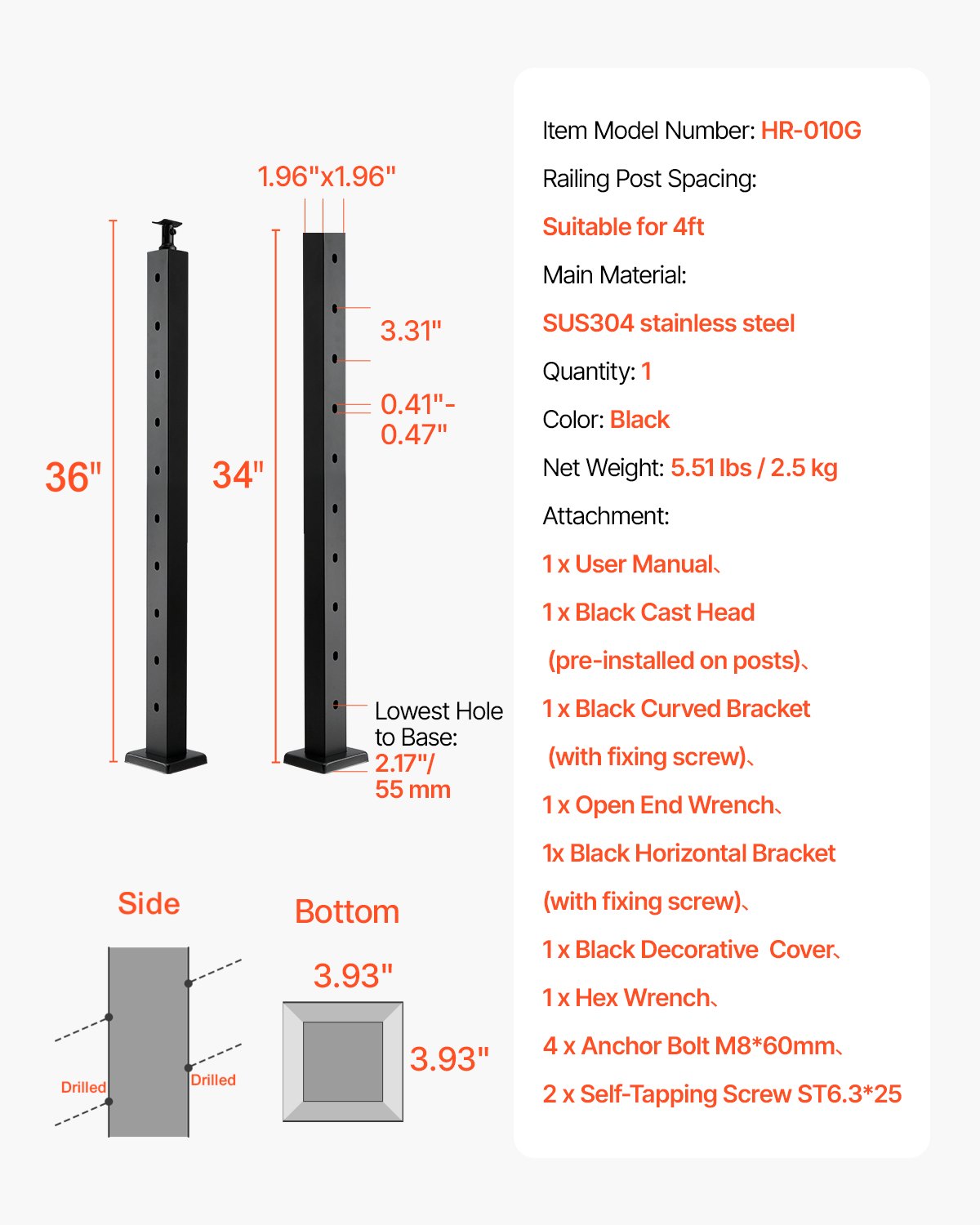 Cable Railing Post, 36x2x2 Inch Stair Railing Post, with Pre-Drilled 30 degrees Angled Holes, Stainless Steel V952-1JZLGZXHS914YIVIS001V0