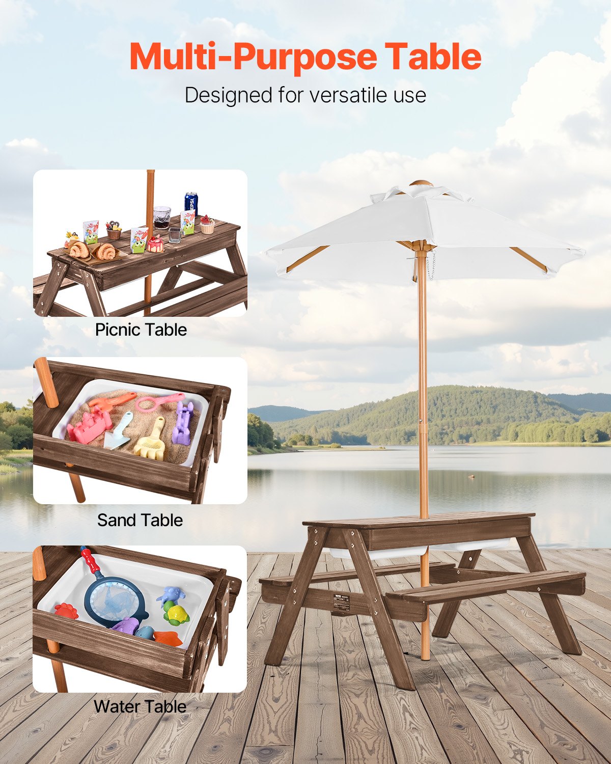 Picnic Table Wooden Tables and Bench Set Umbrella Garden Indoor Outdoor V952-2DFZ29FTKZDMPDRJRV0