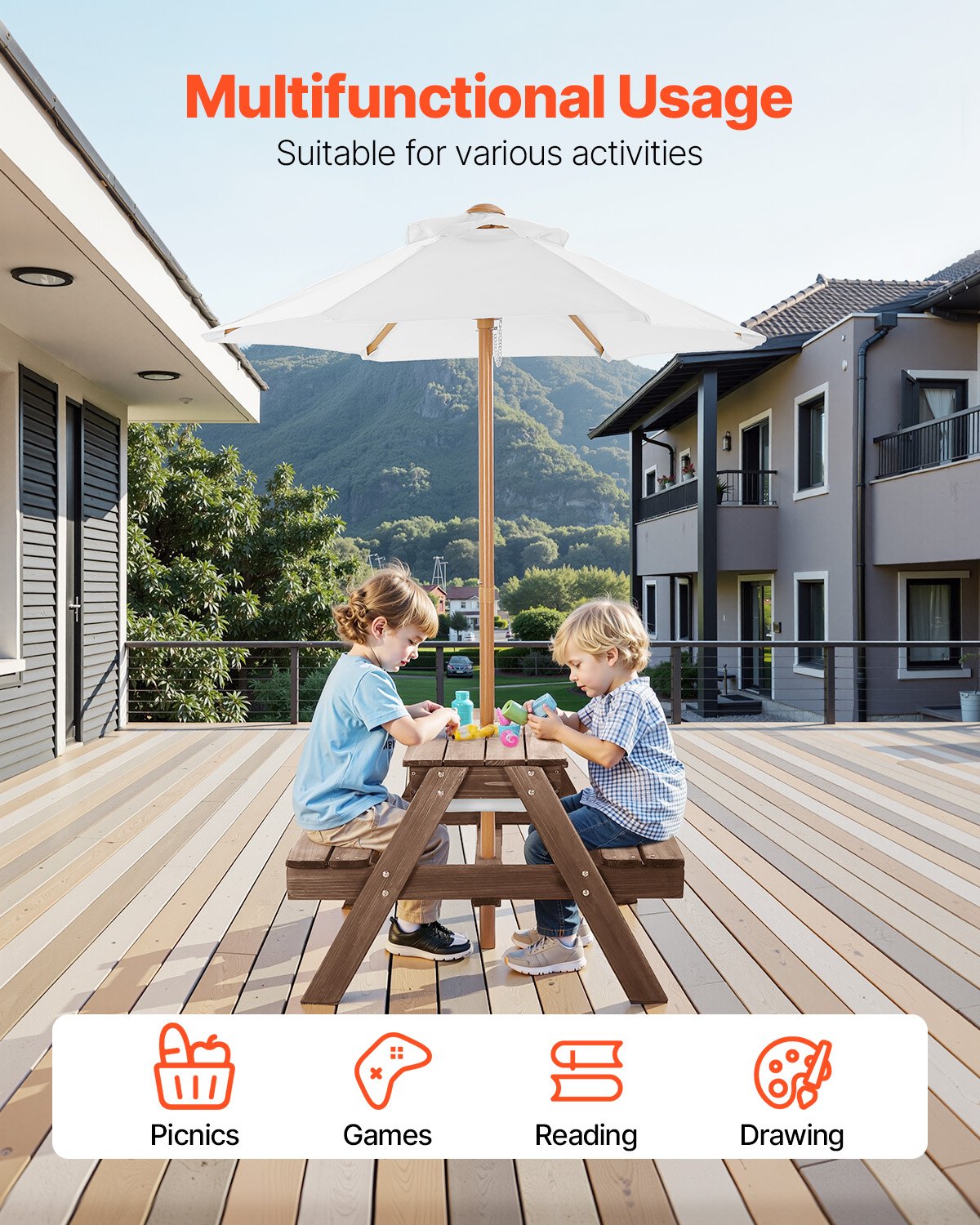 Picnic Table Wooden Tables and Bench Set Umbrella Garden Indoor Outdoor V952-2DFZ29FTKZDMPDRJRV0