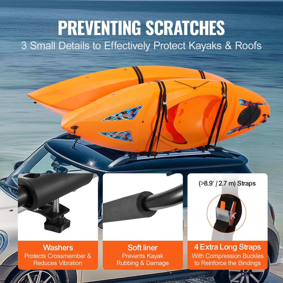 Kayak Roof Rack 1 Pair J-Bar, Soft Roof Rack, Top Mount Tie Down, Carrier for kayak, Surf Board, Canoe, SUP, V952-2H1KHJG2J000BSG1PV0
