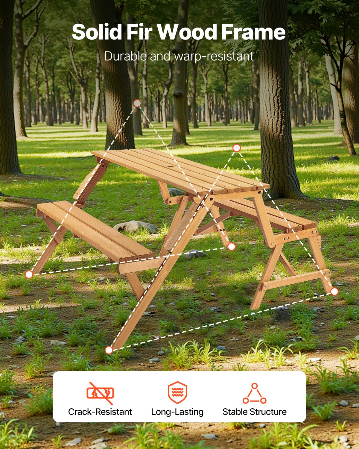 VEVOR 2-in-1 Transforming Interchangeable Picnic Table, Outdoor Wooden Table and Bench Set, Portable Foldable V952-2HYKBXYCZ45FP7QYPV0