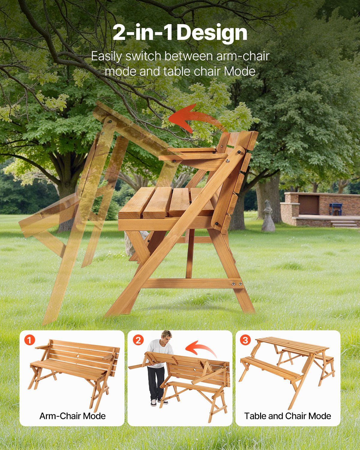 VEVOR 2-in-1 Transforming Interchangeable Picnic Table, Outdoor Wooden Table and Bench Set, Portable Foldable V952-2HYKBXYCZ45FP7QYPV0