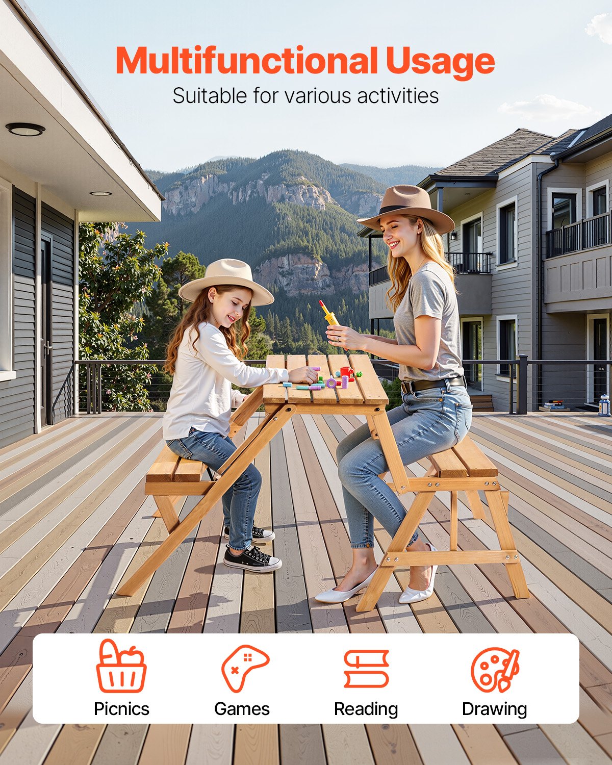 VEVOR 2-in-1 Transforming Interchangeable Picnic Table, Outdoor Wooden Table and Bench Set, Portable Foldable V952-2HYKBXYCZ45FP7QYPV0