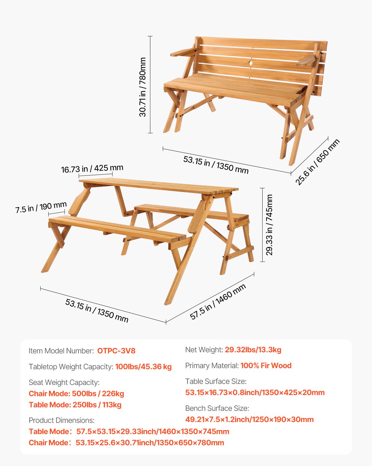 VEVOR 2-in-1 Transforming Interchangeable Picnic Table, Outdoor Wooden Table and Bench Set, Portable Foldable V952-2HYKBXYCZ45FP7QYPV0