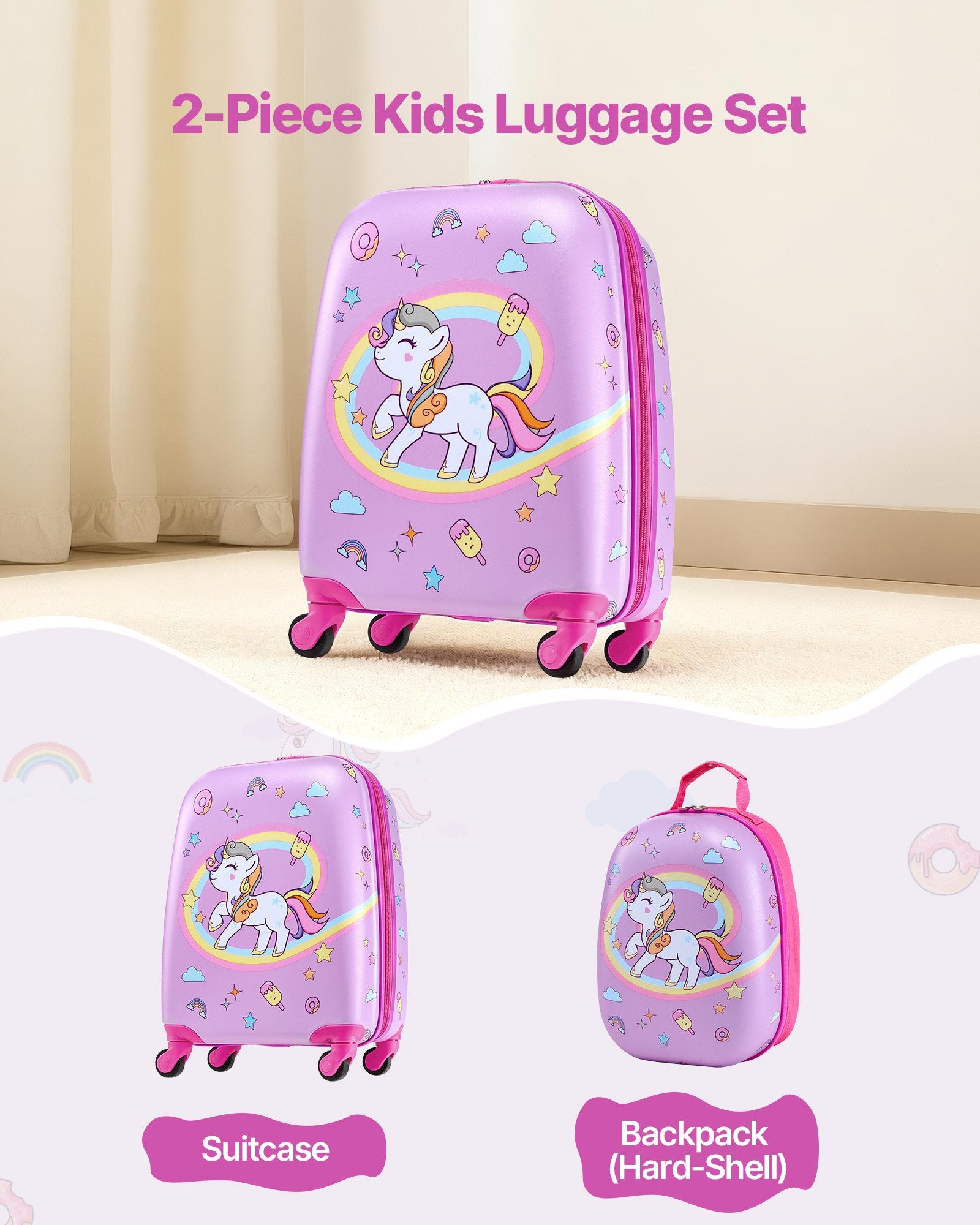 Kids Luggage Set, 2 Piece, 45.7 cm Hardside Rolling Wheels Suitcase with Hard-Shell Backpack, Unicorn Kids V952-2JTETXLX2PCS9S1IW001V0