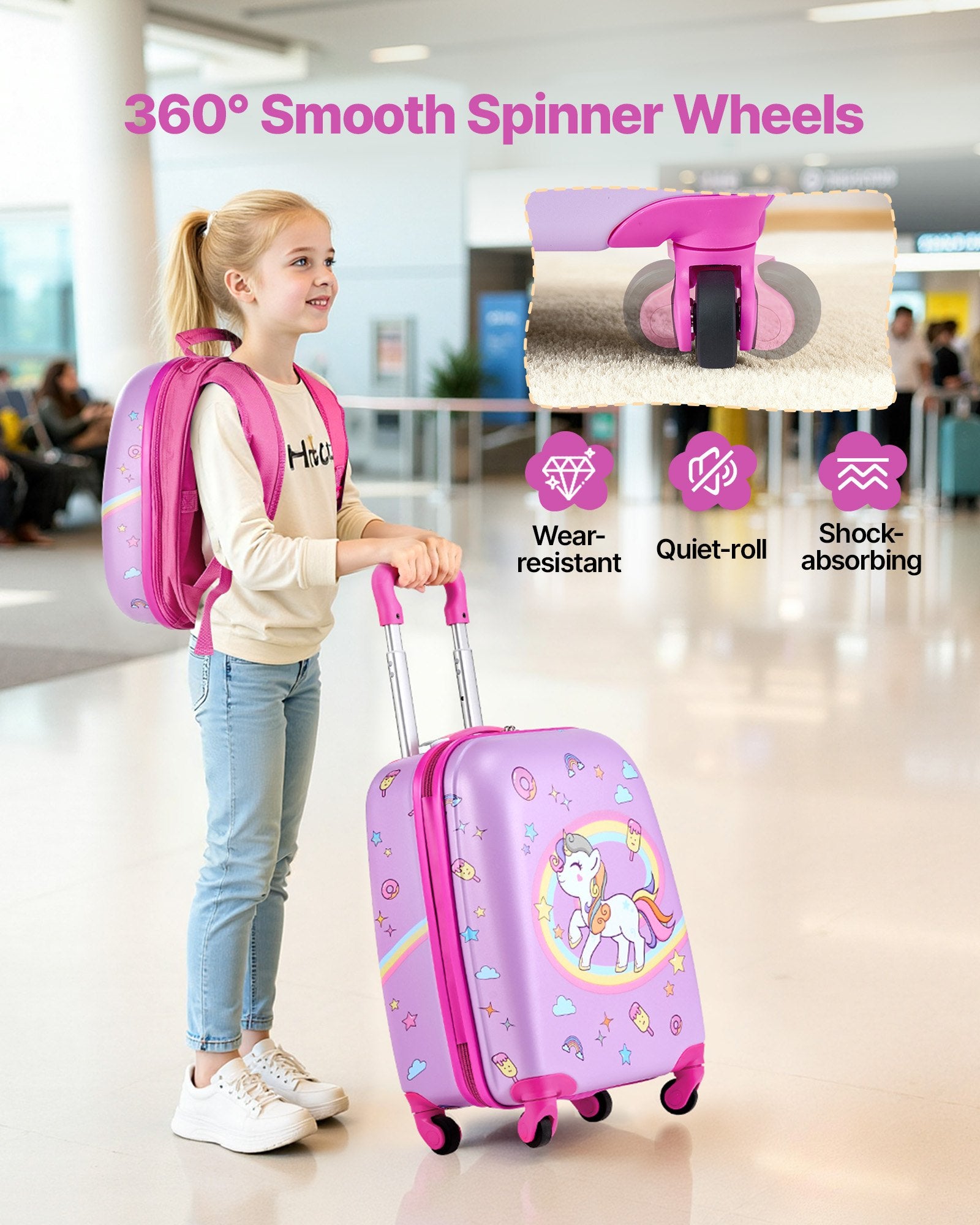 Kids Luggage Set, 2 Piece, 45.7 cm Hardside Rolling Wheels Suitcase with Hard-Shell Backpack, Unicorn Kids V952-2JTETXLX2PCS9S1IW001V0