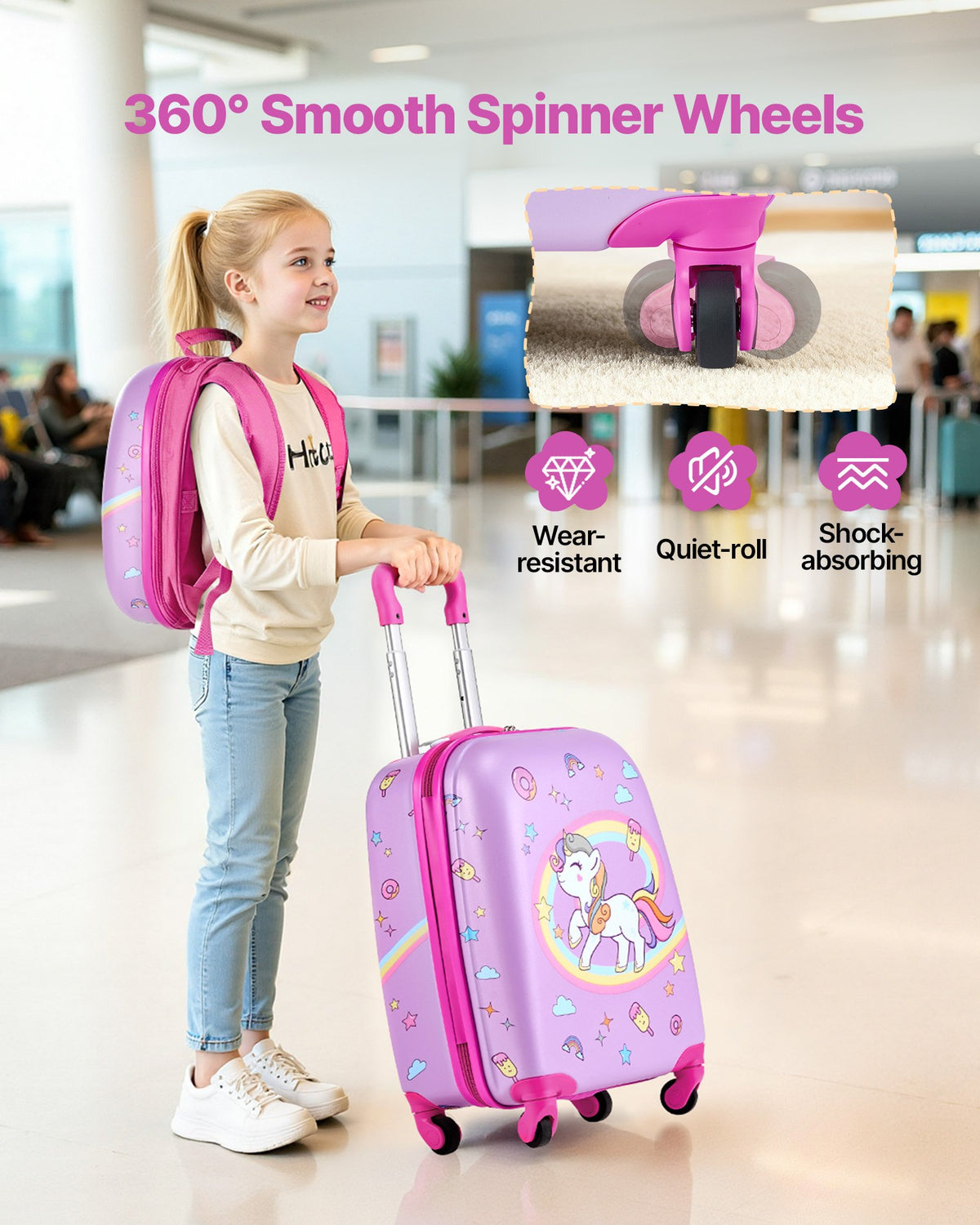 Kids Luggage Set, 2 Piece, 45.7 cm Hardside Rolling Wheels Suitcase with Hard-Shell Backpack, Unicorn Kids V952-2JTETXLX2PCS9S1IW001V0