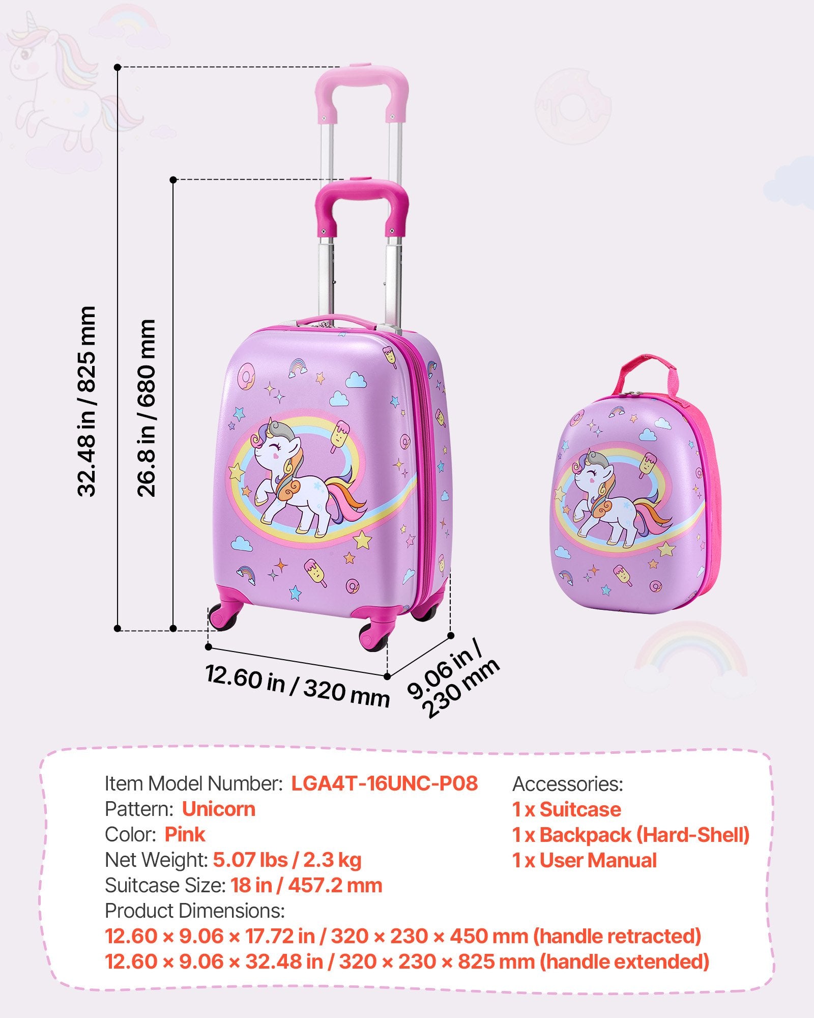 Kids Luggage Set, 2 Piece, 45.7 cm Hardside Rolling Wheels Suitcase with Hard-Shell Backpack, Unicorn Kids V952-2JTETXLX2PCS9S1IW001V0