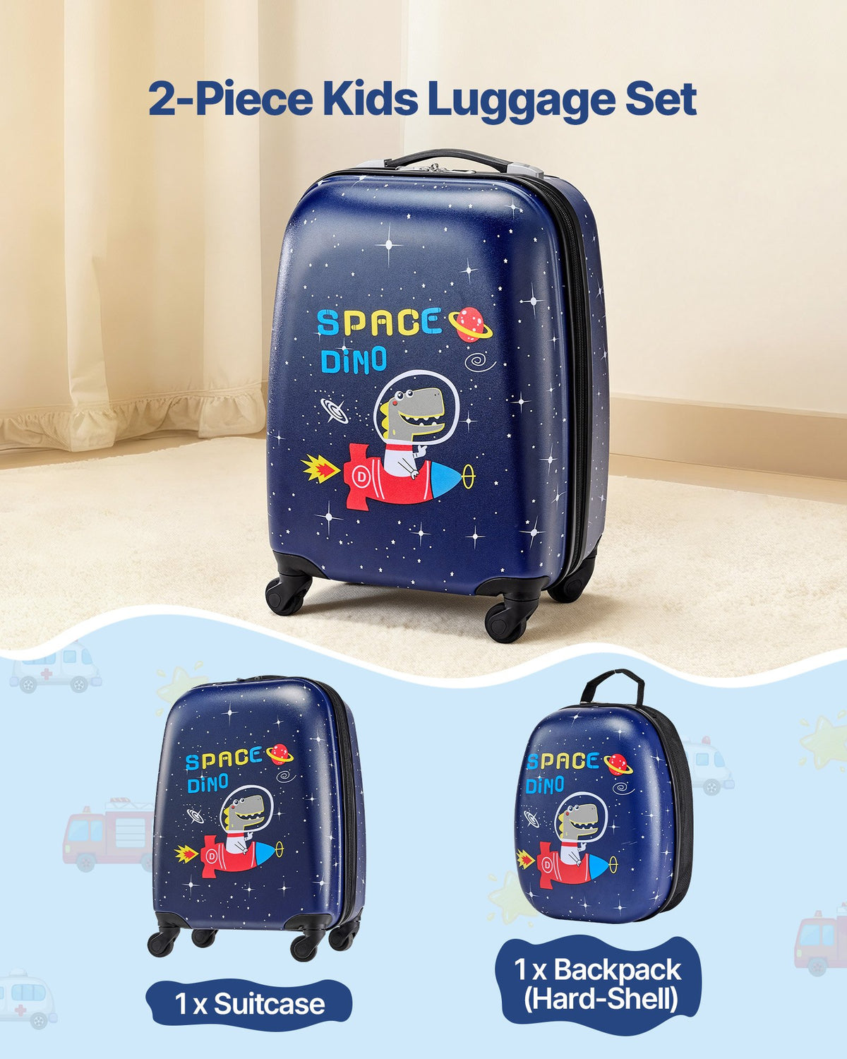 Kids Luggage Set, 2 Piece, 45.7 cm Hardside Rolling Wheels Suitcase with Hard-Shell Backpack, Dinosaur Kids V952-2JTETXLX2PCSJ0HWG001V0