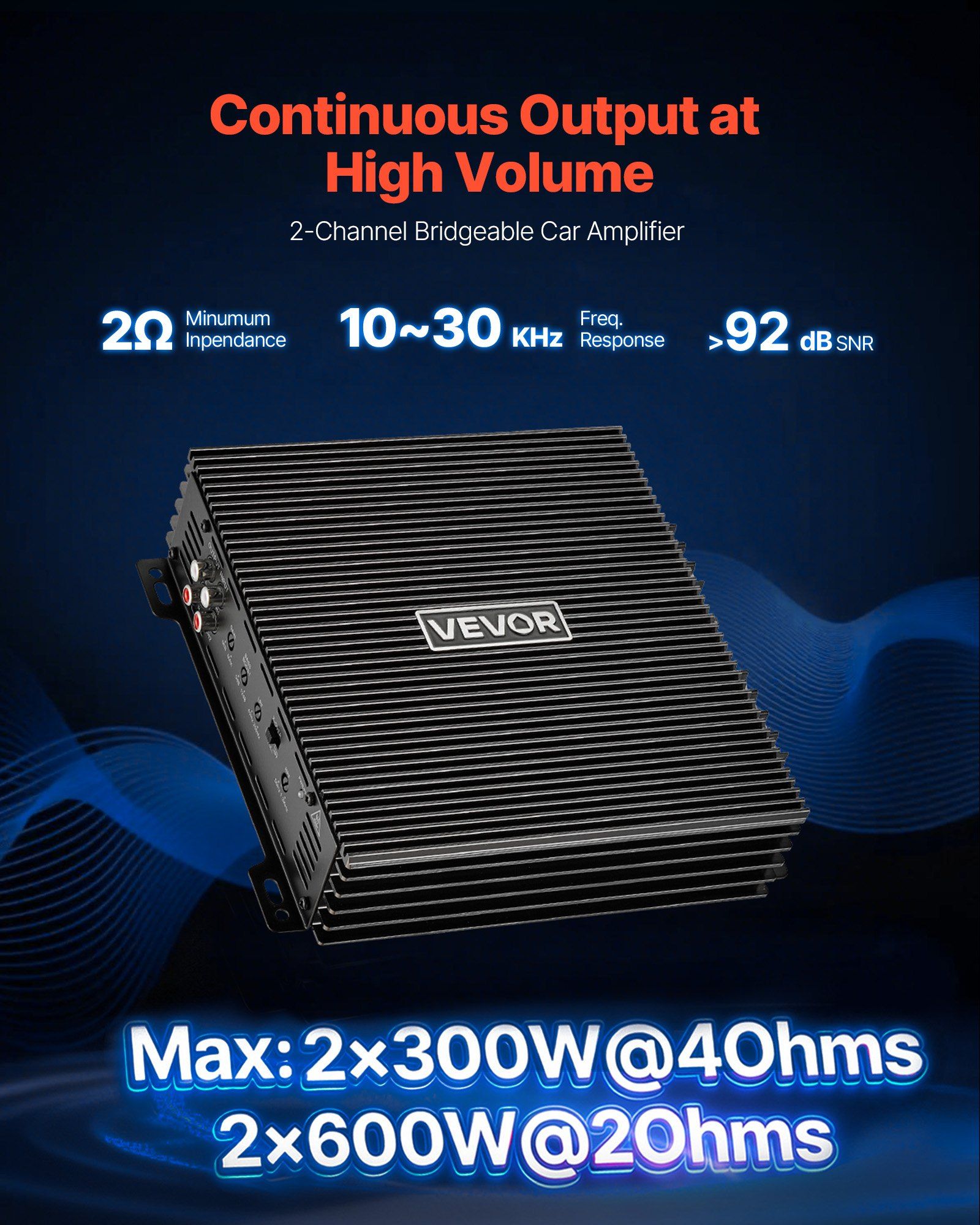 Car Audio Amplifier, 2-Channel Bridgeable Car Amplifier, Full-Range Class AB Stereo Amp, Max. 2 x 300W at 4 V952-2TDABL2X150WJE7E1001V9