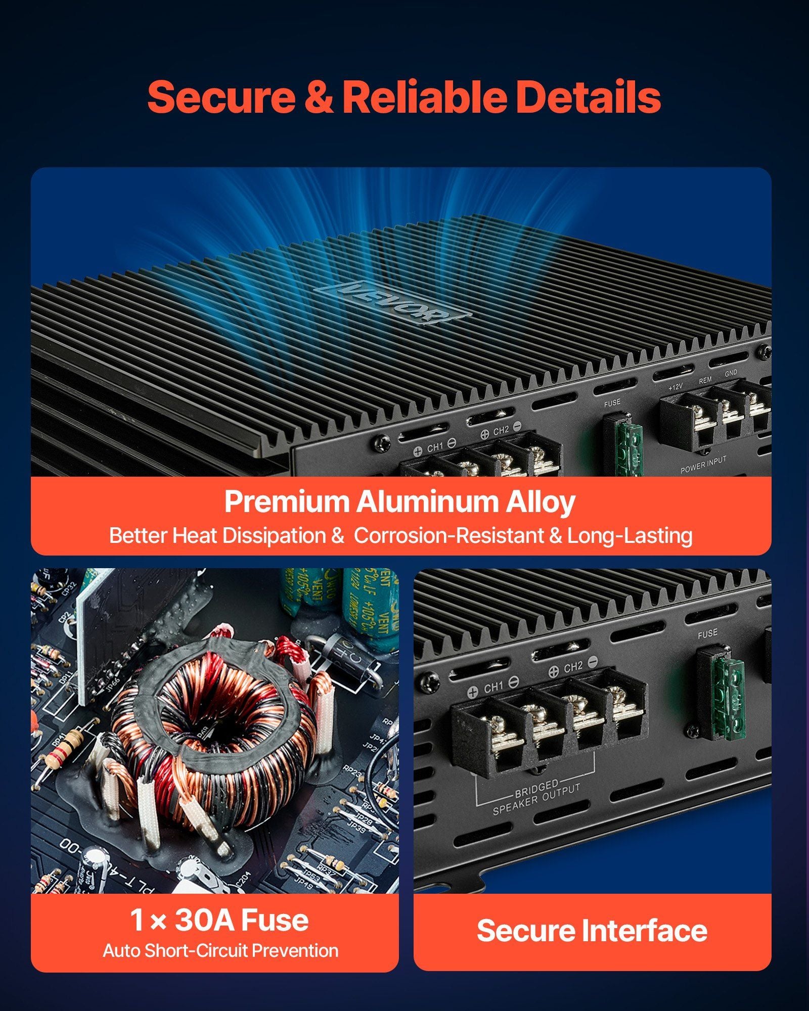 Car Audio Amplifier, 2-Channel Bridgeable Car Amplifier, Full-Range Class AB Stereo Amp, Max. 2 x 300W at 4 V952-2TDABL2X150WJE7E1001V9