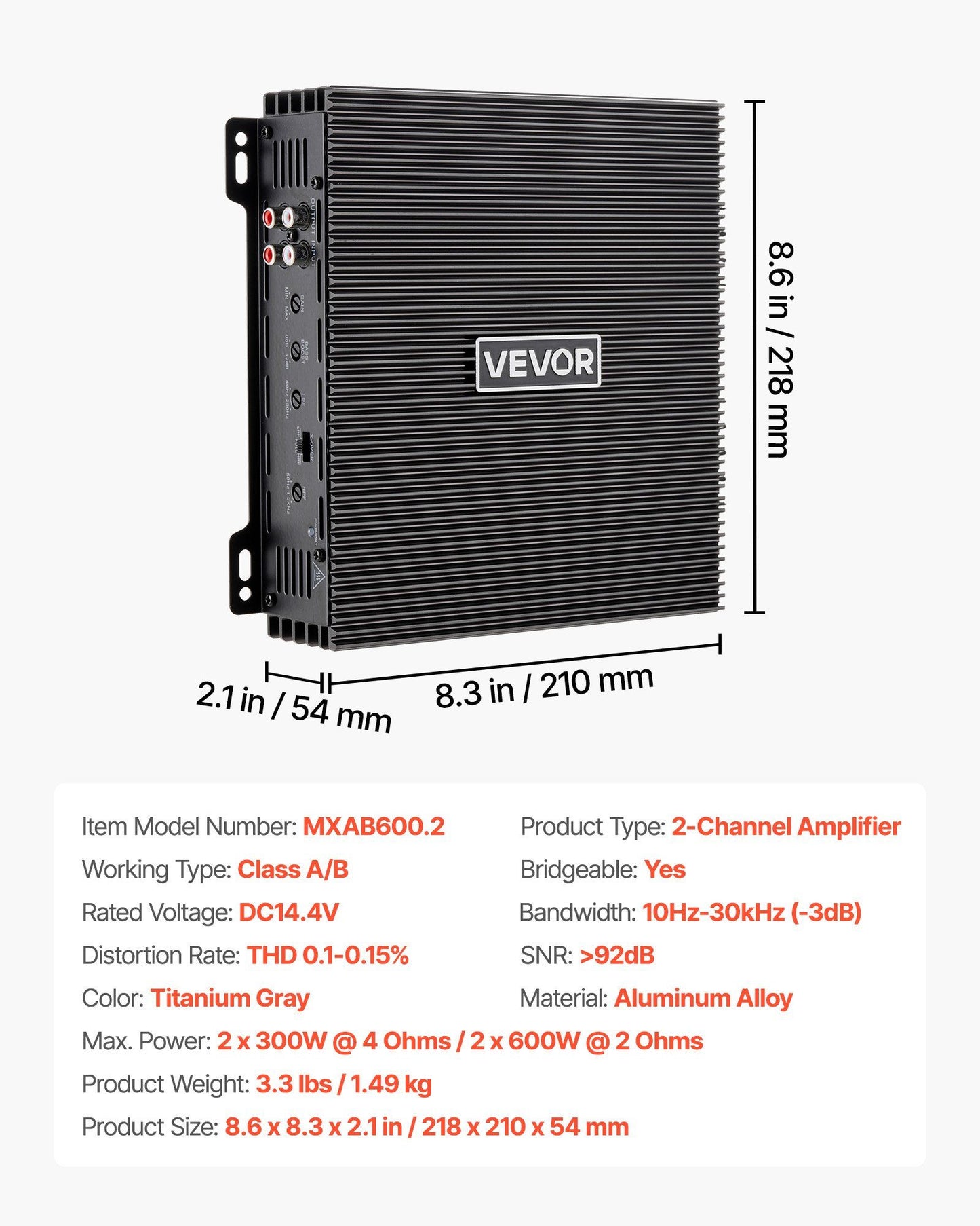 Car Audio Amplifier, 2-Channel Bridgeable Car Amplifier, Full-Range Class AB Stereo Amp, Max. 2 x 300W at 4 V952-2TDABL2X150WJE7E1001V9