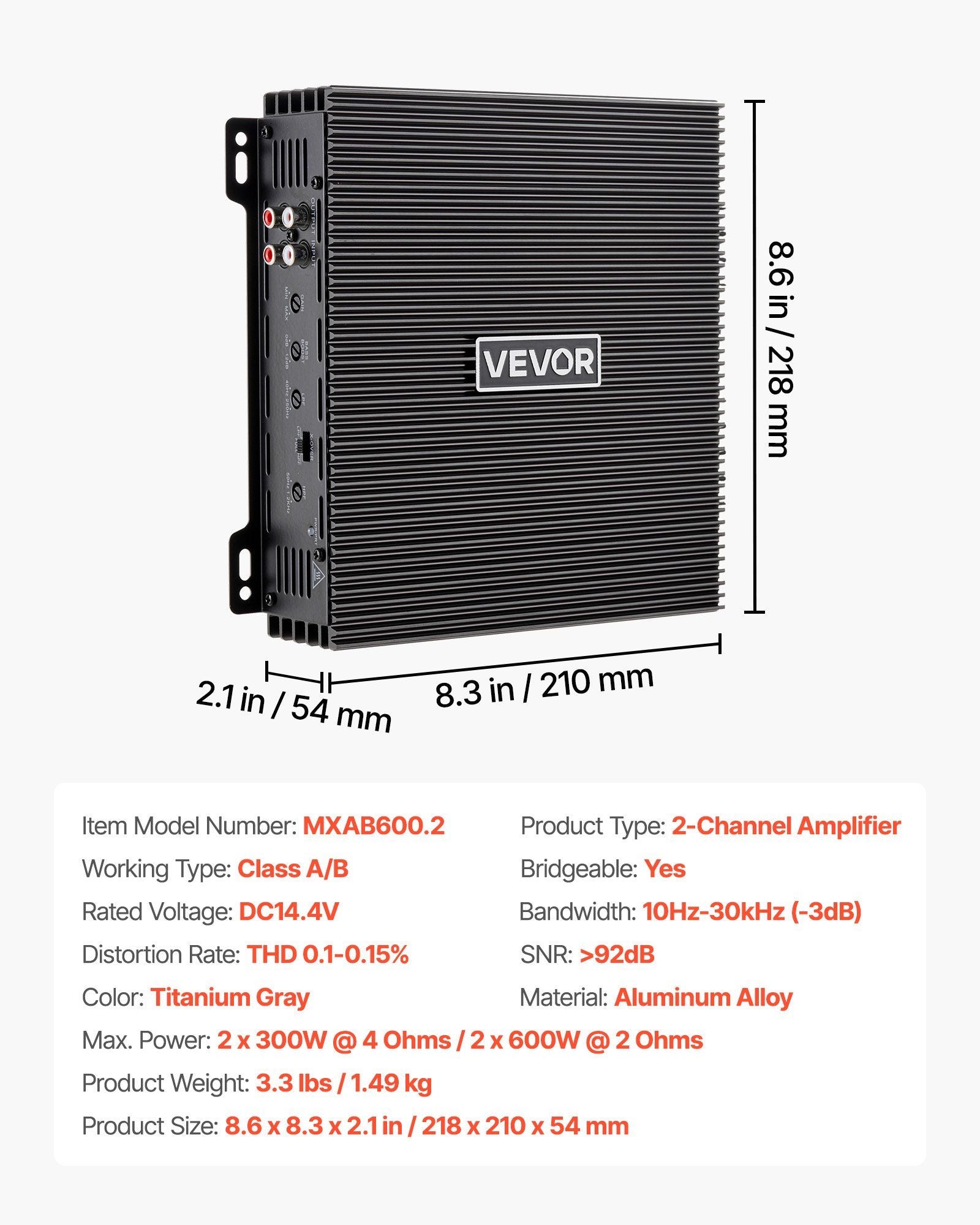 Car Audio Amplifier, 2-Channel Bridgeable Car Amplifier, Full-Range Class AB Stereo Amp, Max. 2 x 300W at 4 V952-2TDABL2X150WJE7E1001V9