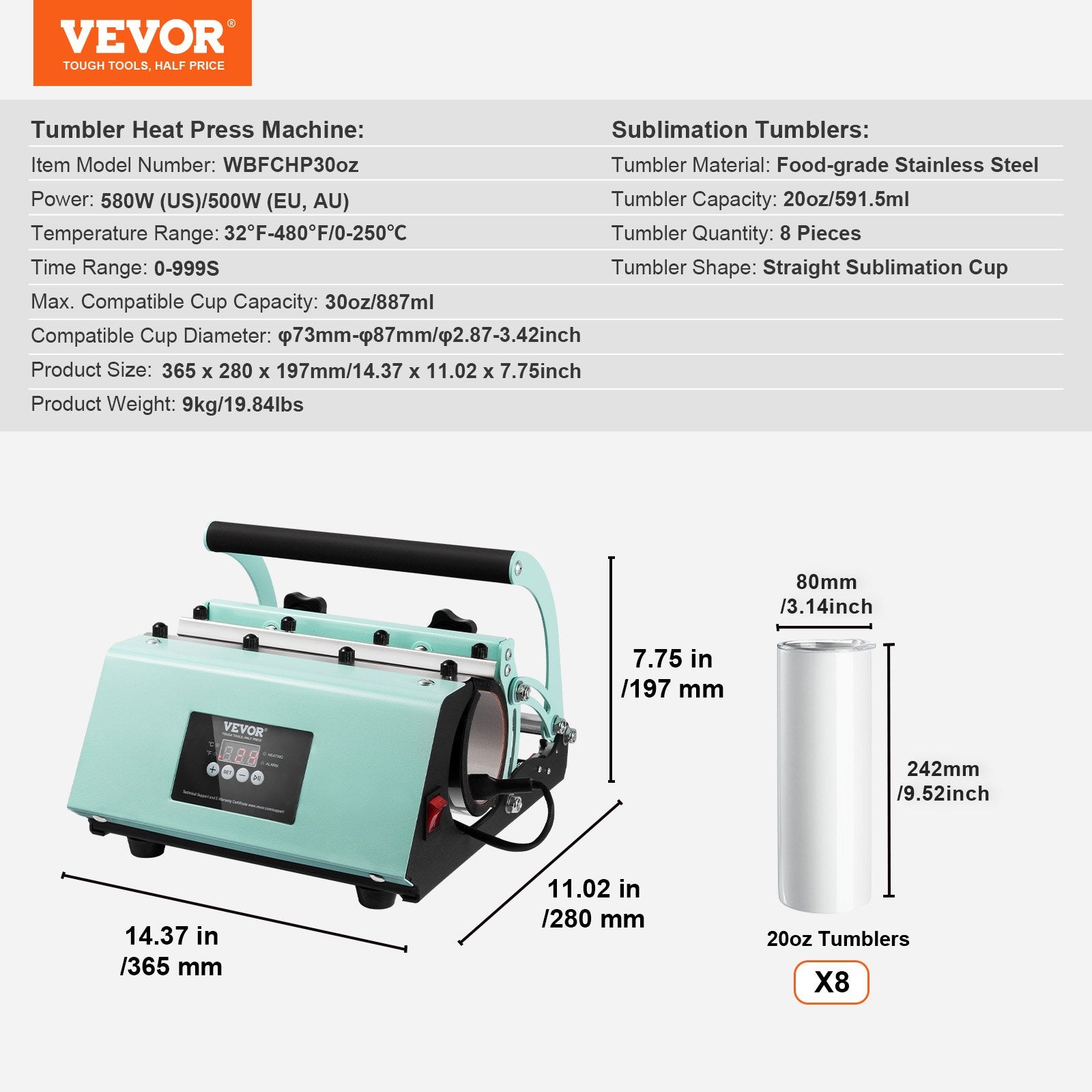 Tumbler Heat Press Machine and Sublimation Tumblers, Tumbler Press Set with 8pcs 20OZ Blank Tumblers, Mug V952-30OZKBJSHBTZ1F1VGV3