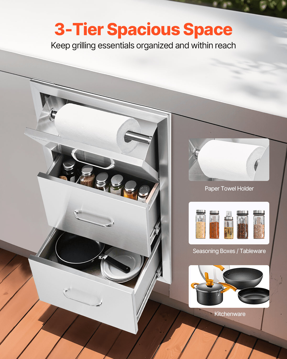 Flush triple access drawer raised style height triple drawer, 76 x 43 cm,stainless steel V952-30X17YC3CBXGCTG01V0