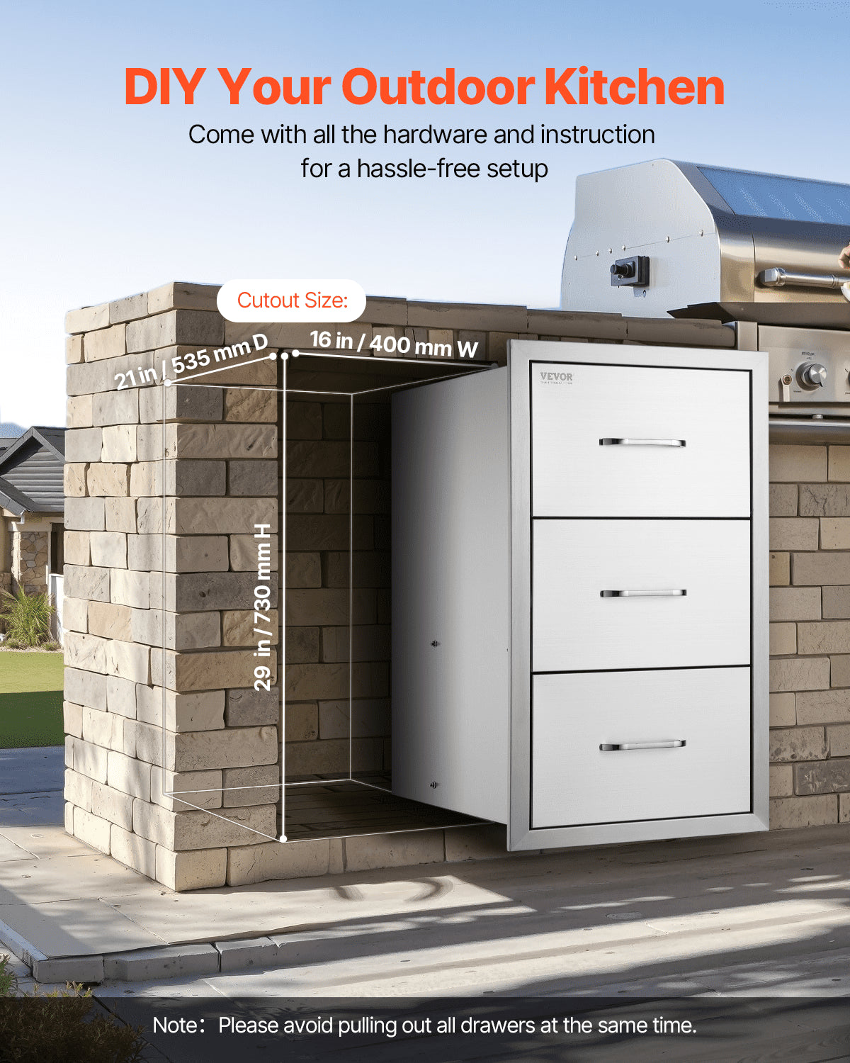 Flush triple access drawer raised style height triple drawer, 76 x 43 cm,stainless steel V952-30X17YC3CBXGCTG01V0