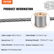 1/8 Stainless Steel Cable Railing 500ft, Wire Rope 316 Marine Grade, Braided Aircraft Cable 7x7 Strands V952-316GSS7X700000001V0
