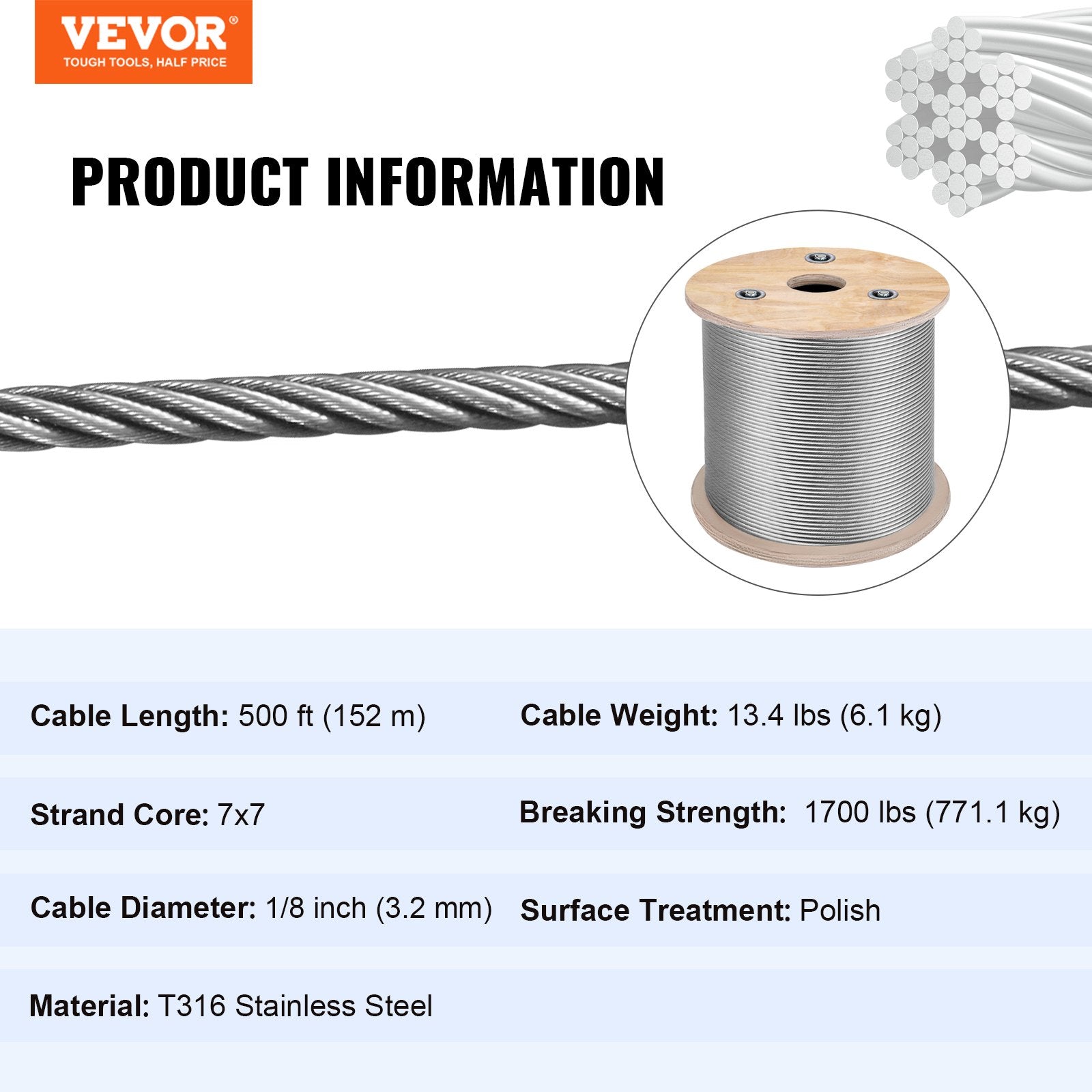 1/8 Stainless Steel Cable Railing 500ft, Wire Rope 316 Marine Grade, Braided Aircraft Cable 7x7 Strands V952-316GSS7X700000001V0