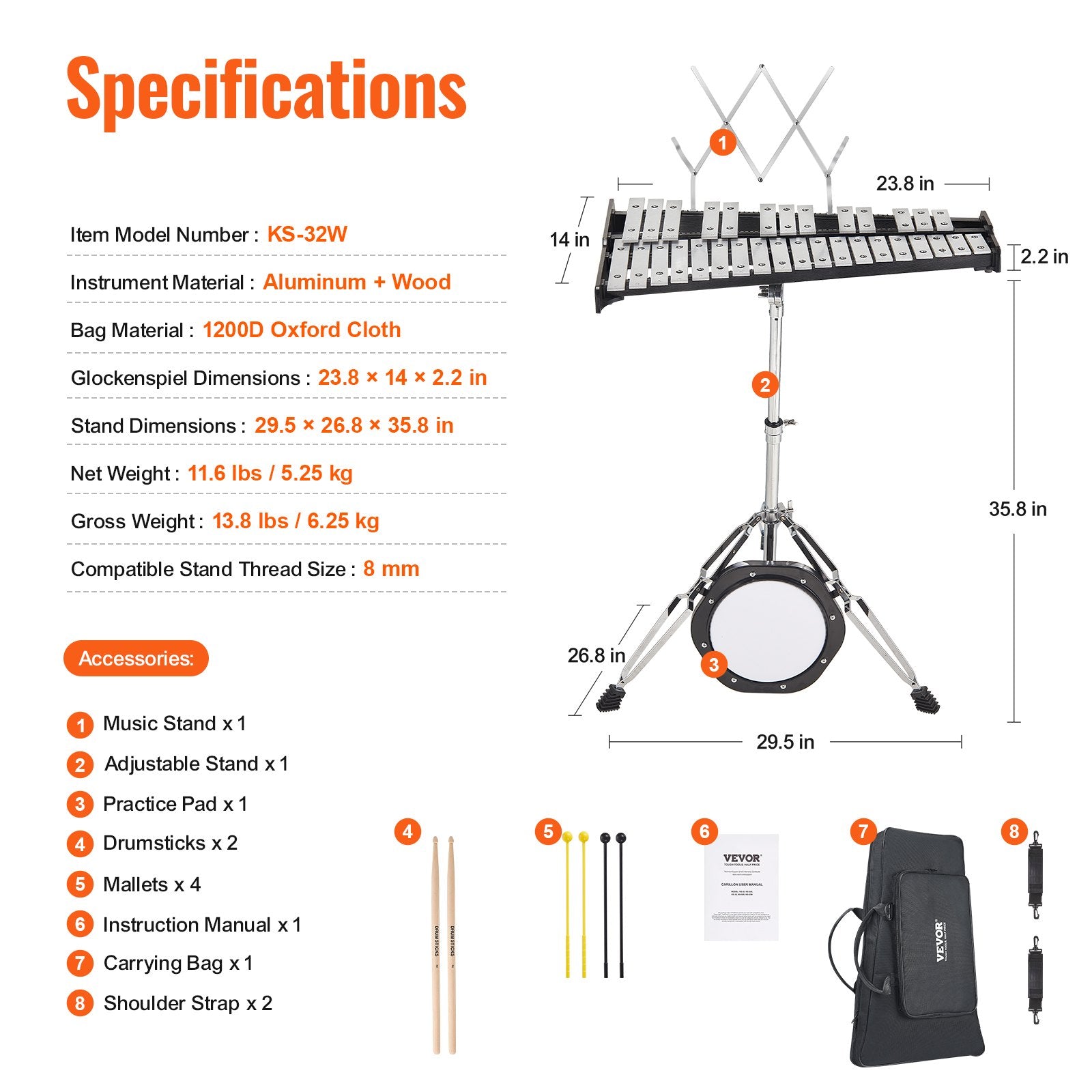 32 Note Glockenspiel Xylophone Bell Kit, Professional Percussion Instrument Set with Mallets, Drum Sticks, V952-32YFZQWZJ8LXVKTIAV0