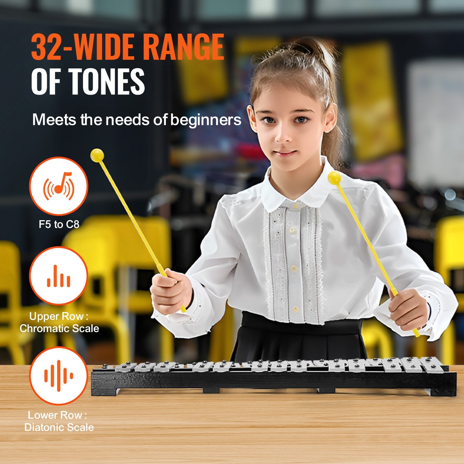 32 Note Glockenspiel Xylophone Bell Kit, Percussion Instrument with Mallets, Drum Sticks and Carrying Bag, V952-32YFZQWZJWLXWXEC2V0
