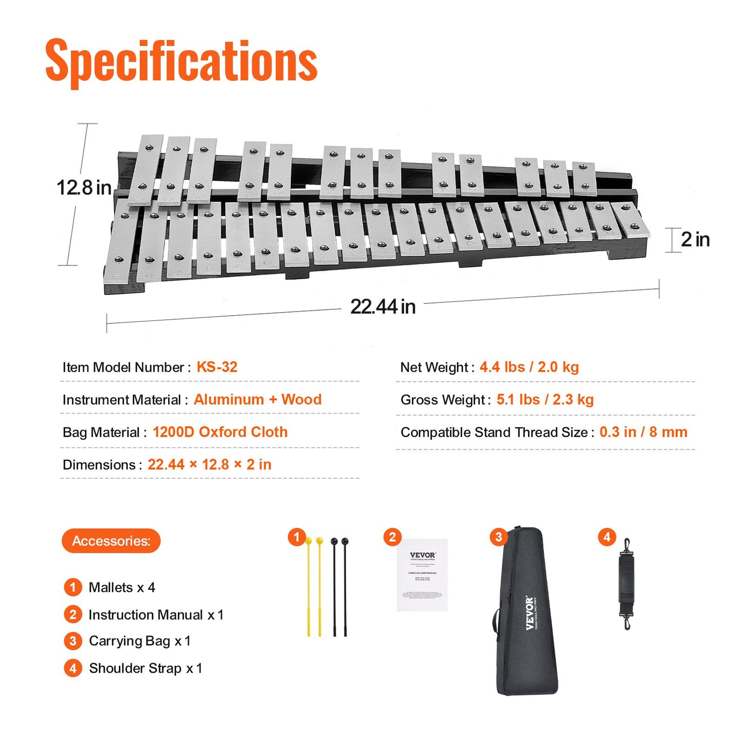 32 Note Glockenspiel Xylophone Bell Kit, Percussion Instrument with Mallets, Drum Sticks and Carrying Bag, V952-32YFZQWZJWLXWXEC2V0