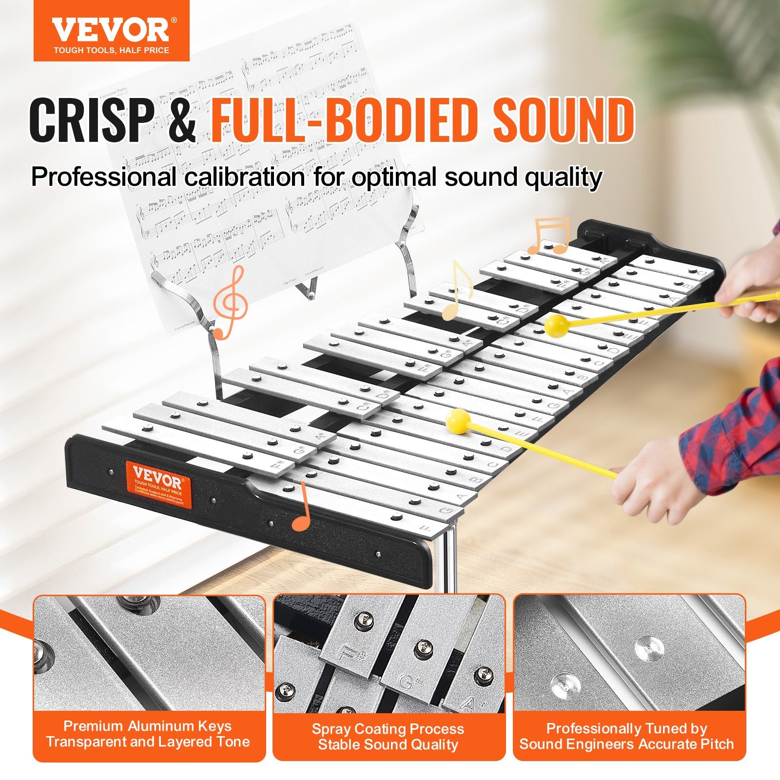 32 Note Glockenspiel Xylophone Bell Kit, Professional Percussion Instrument Set with Mallets, Drum Sticks, V952-32YFZQYZJWLX0A1C1V0