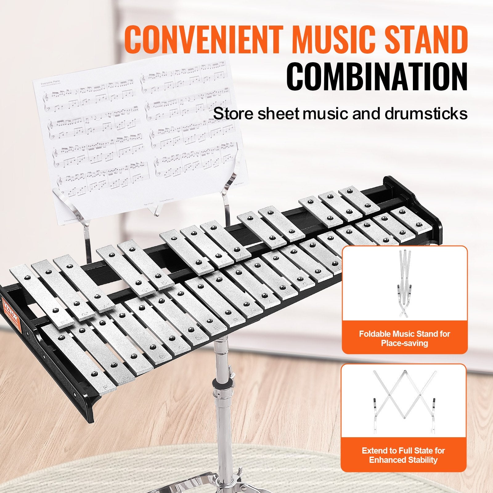 32 Note Glockenspiel Xylophone Bell Kit, Professional Percussion Instrument Set with Mallets, Drum Sticks, V952-32YFZQYZJWLX0A1C1V0