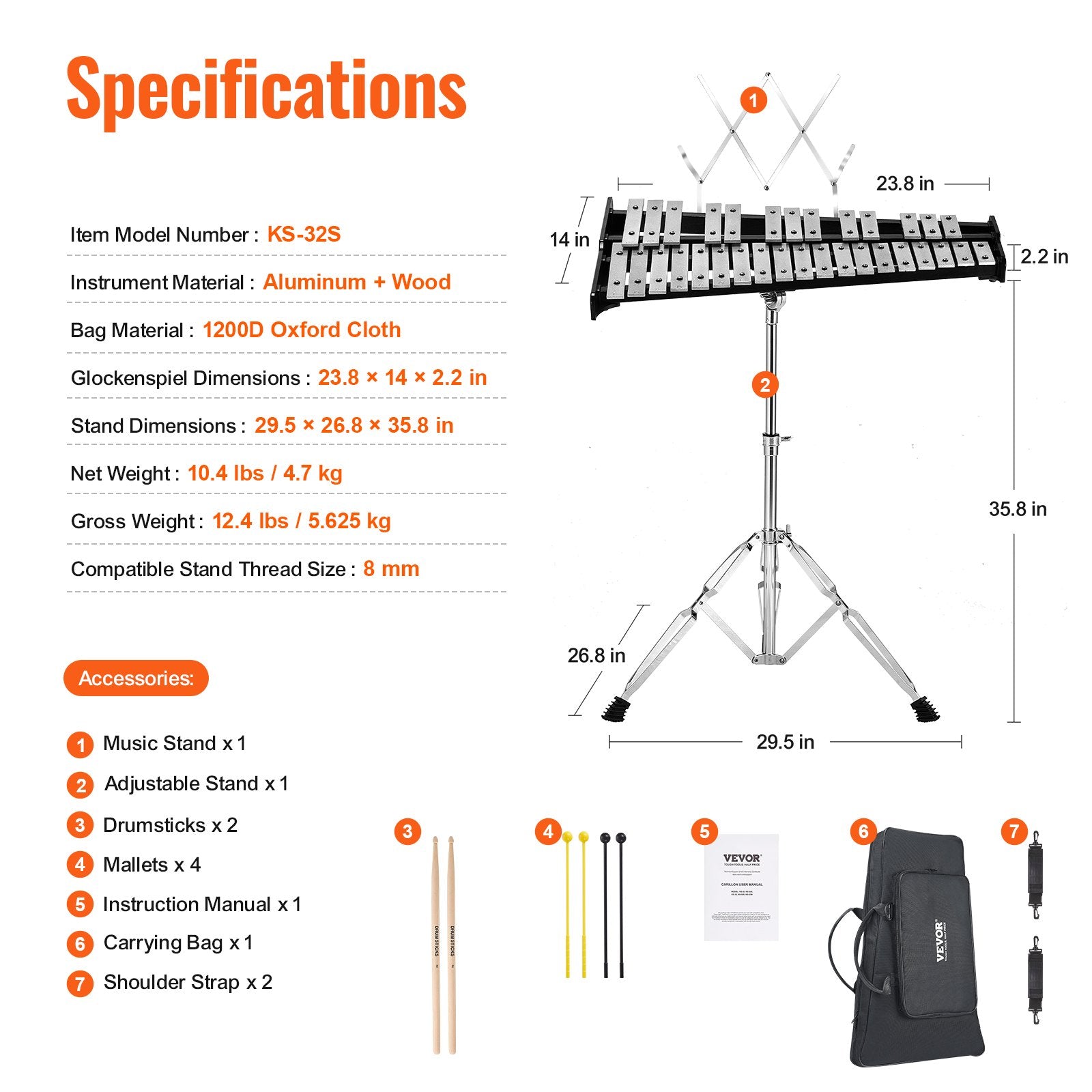32 Note Glockenspiel Xylophone Bell Kit, Professional Percussion Instrument Set with Mallets, Drum Sticks, V952-32YFZQYZJWLX0A1C1V0