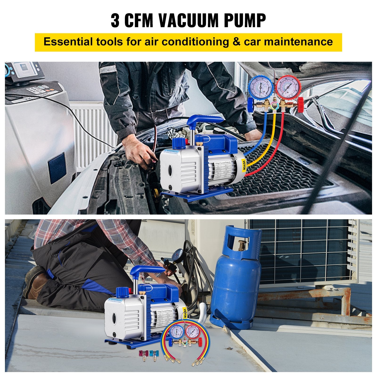 3CFM 84 L/M 1-Stage, Refrigerant Vacuum Pump Refrigeration Gauges A/C Air Conditioning 1440 RPM 1/4 HP, 3 pcs V952-3CFM1-4HPZKBZJ001V3