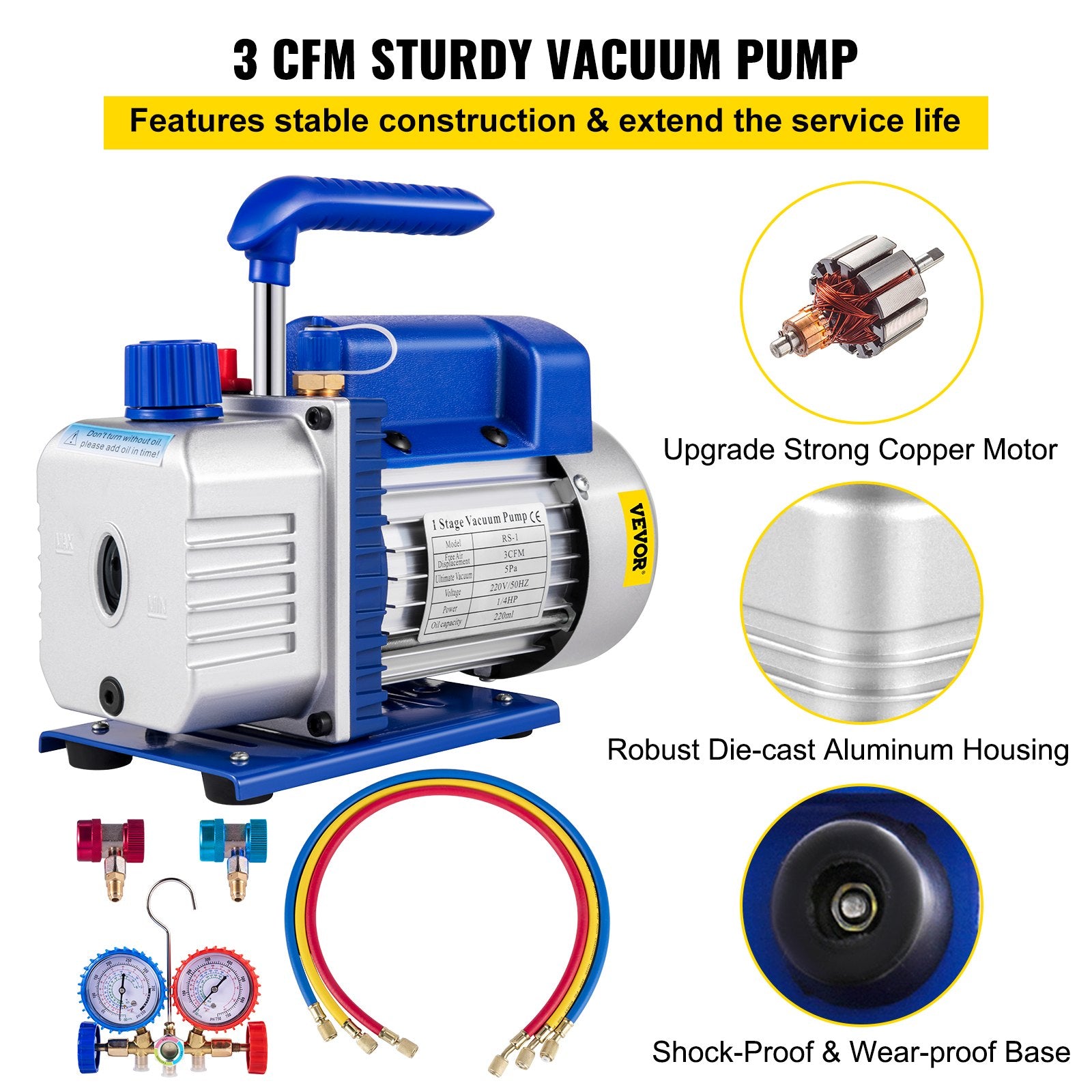 3CFM 84 L/M 1-Stage, Refrigerant Vacuum Pump Refrigeration Gauges A/C Air Conditioning 1440 RPM 1/4 HP, 3 pcs V952-3CFM1-4HPZKBZJ001V3