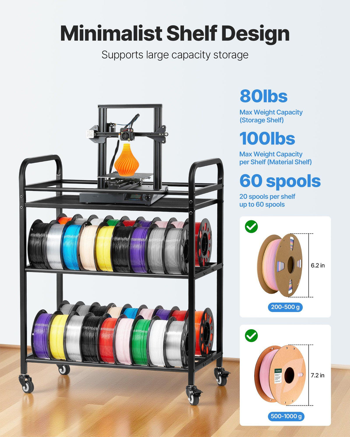 3D Printer Filament Storage Rack, 3 Tier Heavy Duty Storage Shelf, Rolling Filament Spool Holders Racks with V952-3DDYSNJYDSSCCI04J001V0