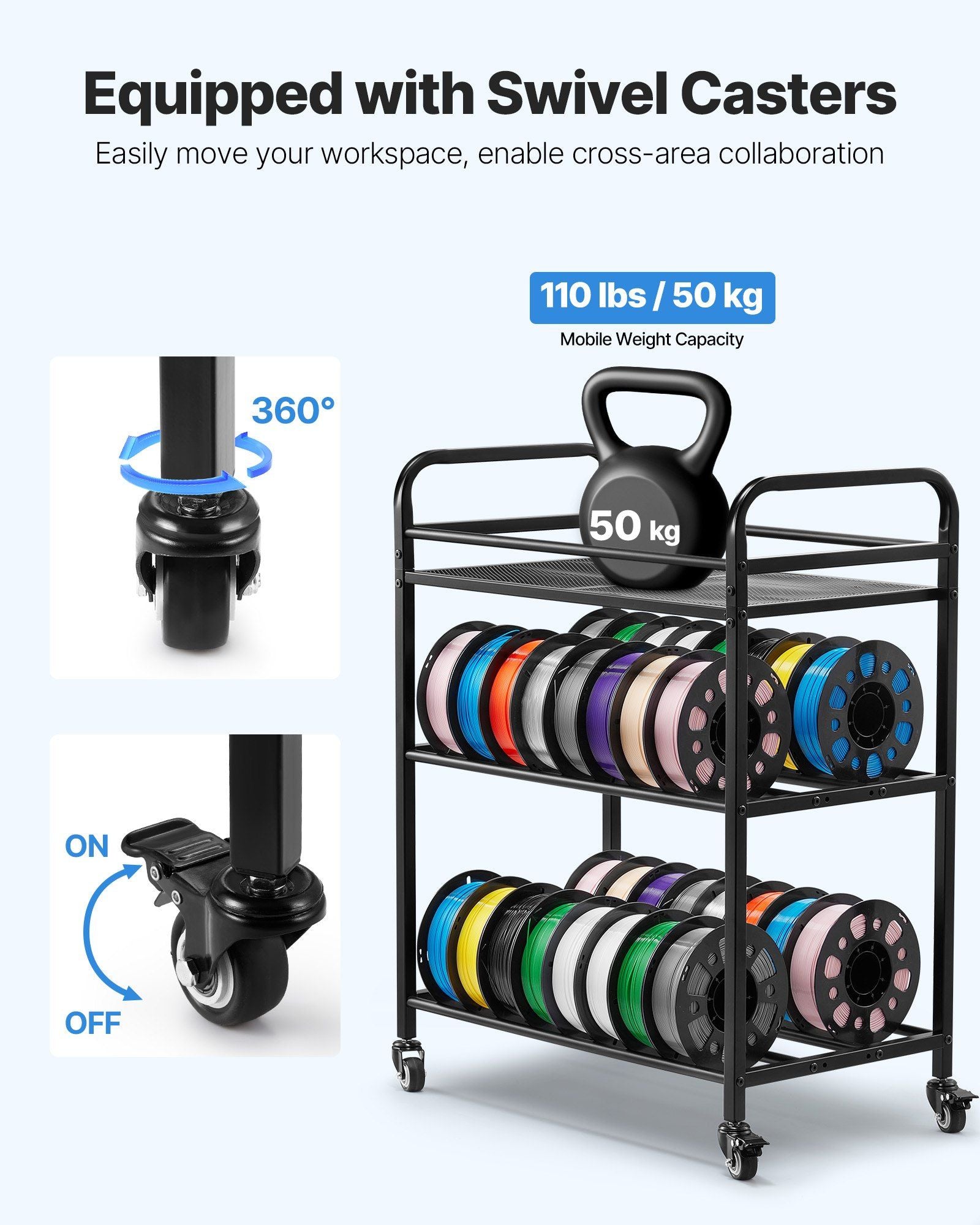 3D Printer Filament Storage Rack, 3 Tier Heavy Duty Storage Shelf, Rolling Filament Spool Holders Racks with V952-3DDYSNJYDSSCCI04J001V0