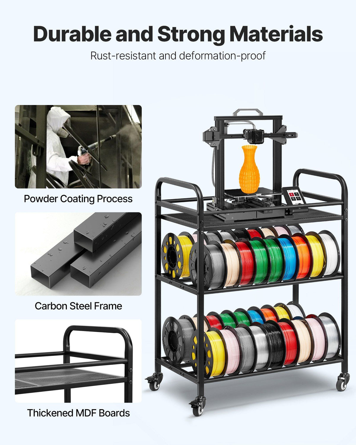 3D Printer Filament Storage Rack, 3 Tier Heavy Duty Storage Shelf, Rolling Filament Spool Holders Racks with V952-3DDYSNJYDSSCCI04J001V0