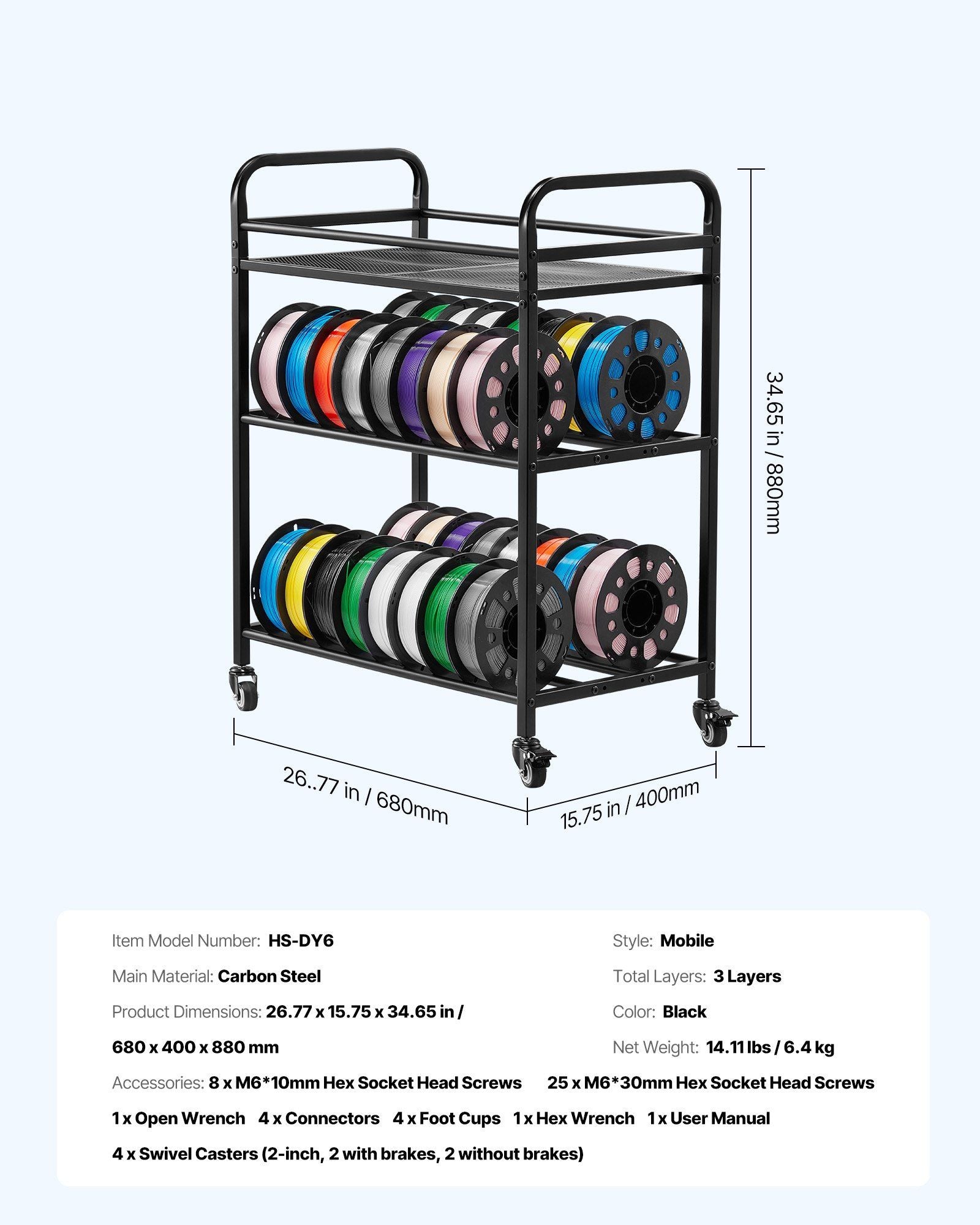 3D Printer Filament Storage Rack, 3 Tier Heavy Duty Storage Shelf, Rolling Filament Spool Holders Racks with V952-3DDYSNJYDSSCCI04J001V0