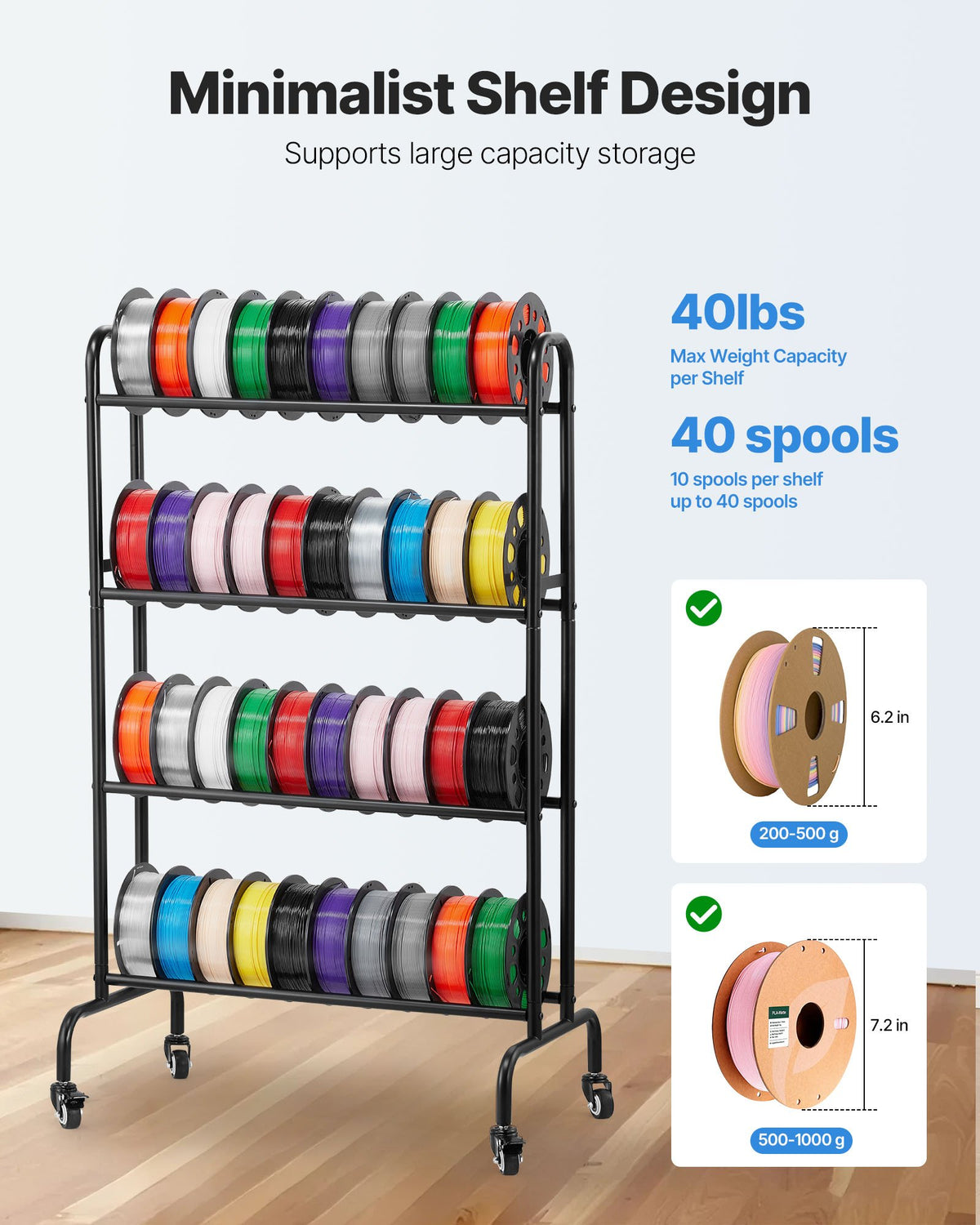 3D Printer Filament Storage Rack, 4 Tier Heavy Duty Storage Shelf, Rolling Filament Spool Holders Racks with V952-3DDYSNJYDSSCMA4RR001V0