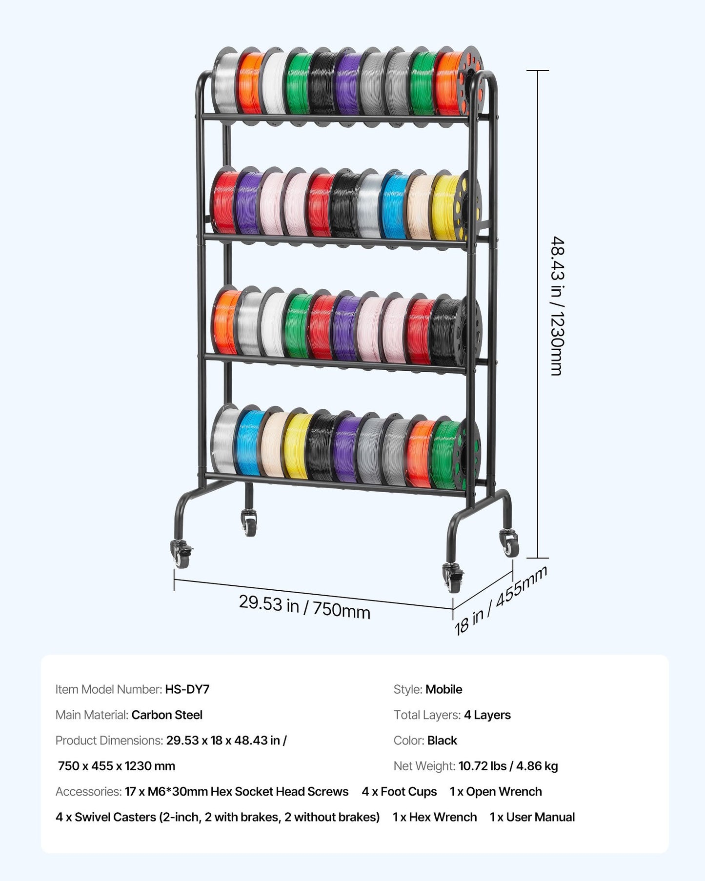 3D Printer Filament Storage Rack, 4 Tier Heavy Duty Storage Shelf, Rolling Filament Spool Holders Racks with V952-3DDYSNJYDSSCMA4RR001V0