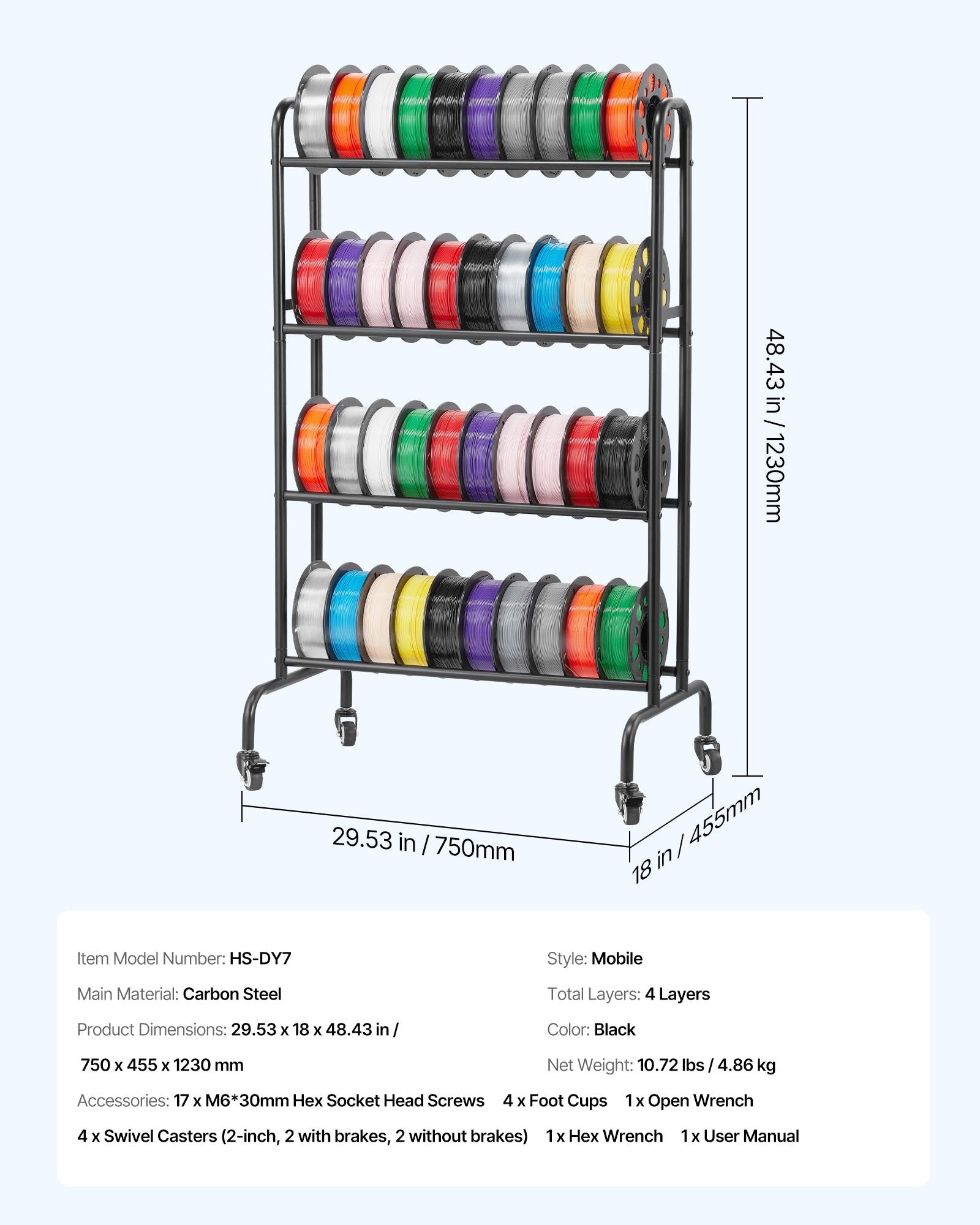 3D Printer Filament Storage Rack, 4 Tier Heavy Duty Storage Shelf, Rolling Filament Spool Holders Racks with V952-3DDYSNJYDSSCMA4RR001V0