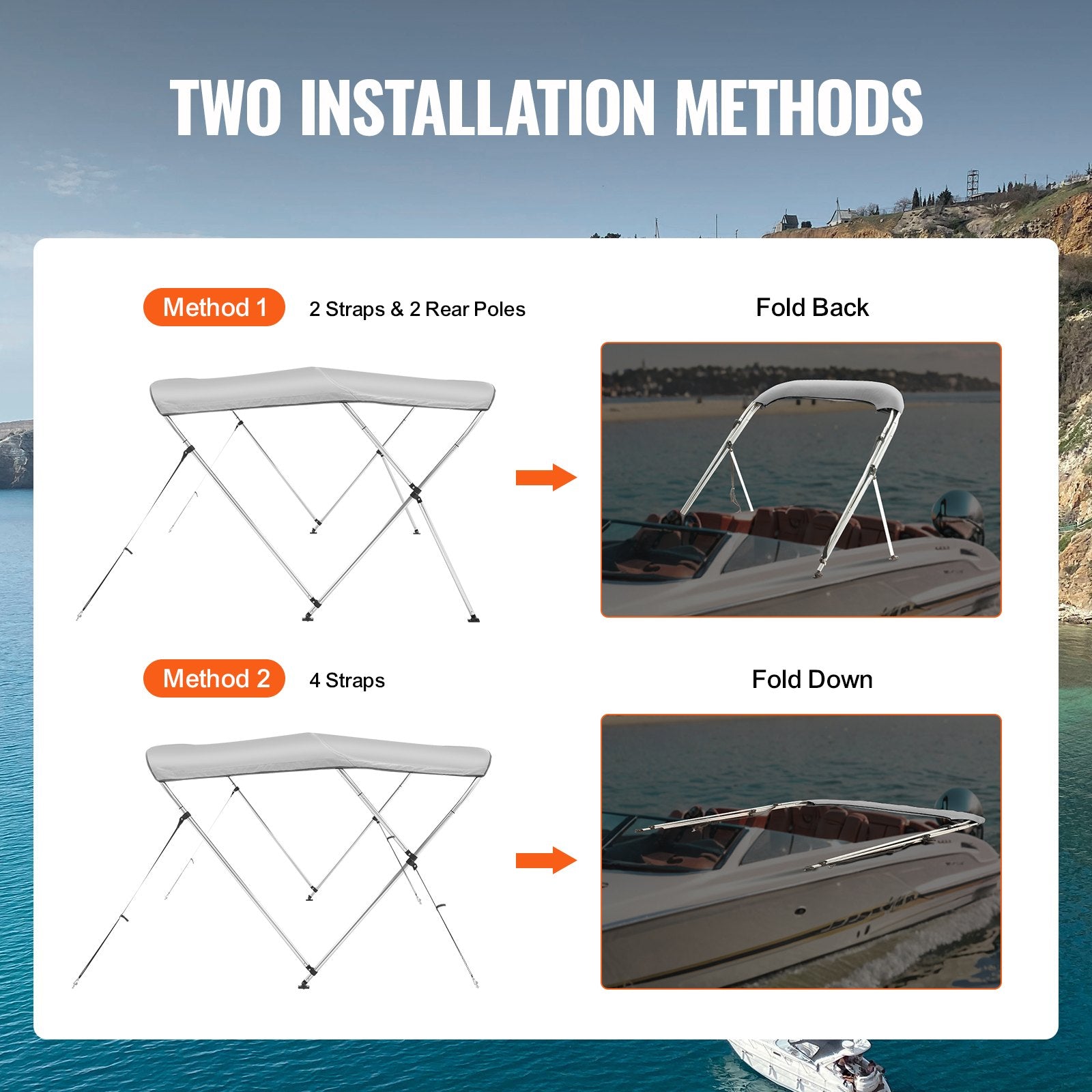 3 Bow Bimini Top Boat Cover, 900D Polyester Canopy with 1" Aluminum Alloy Frame, Waterproof and Sun Shade, V952-3GCYZYP6L677QR7NKV0