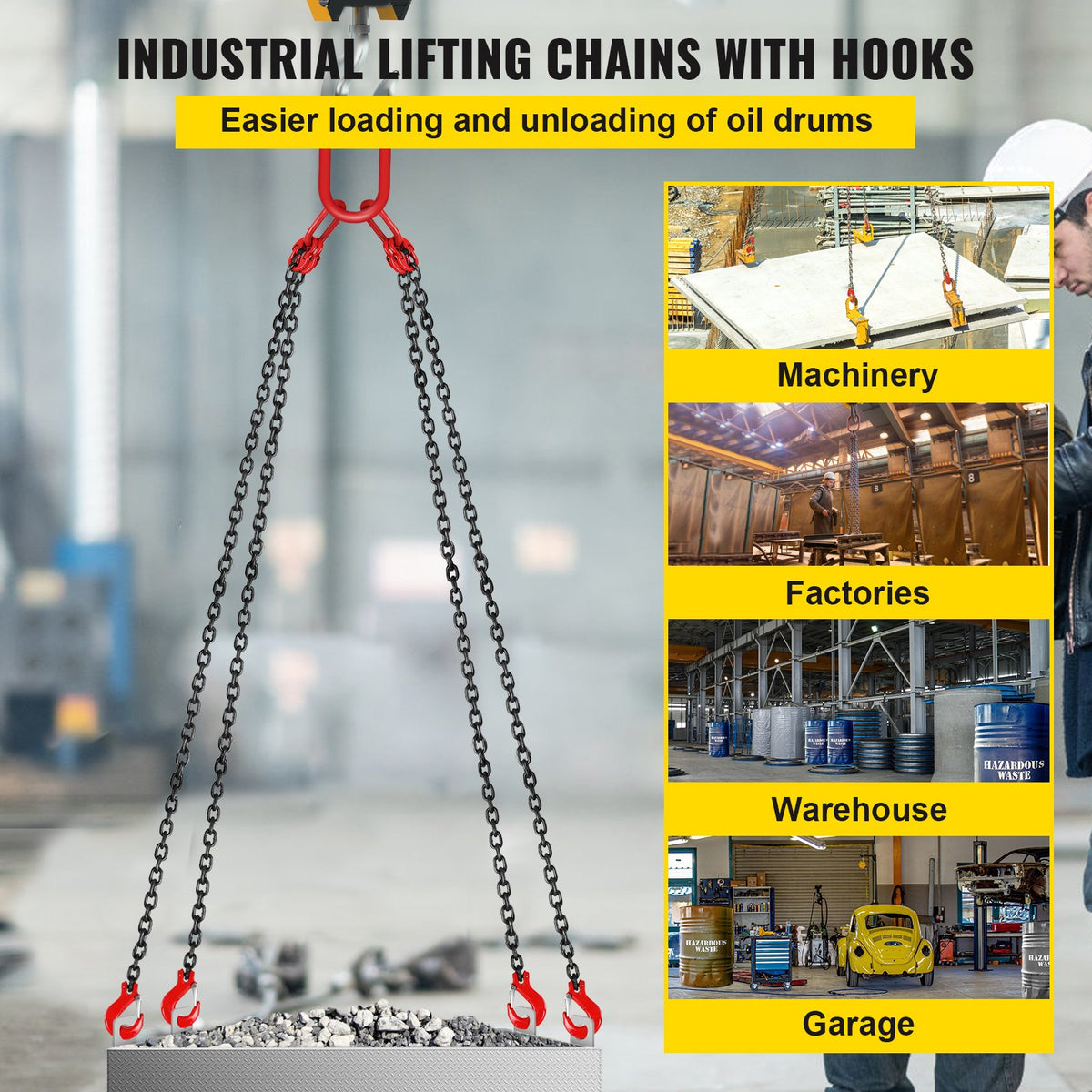 Chain Sling 5/16" X 10' Engine Lift Chain G80 Alloy Steel Engine Chain Hoist Lifts 3 Ton with 4 Leg Grab V952-3MSGLT00000000001V0