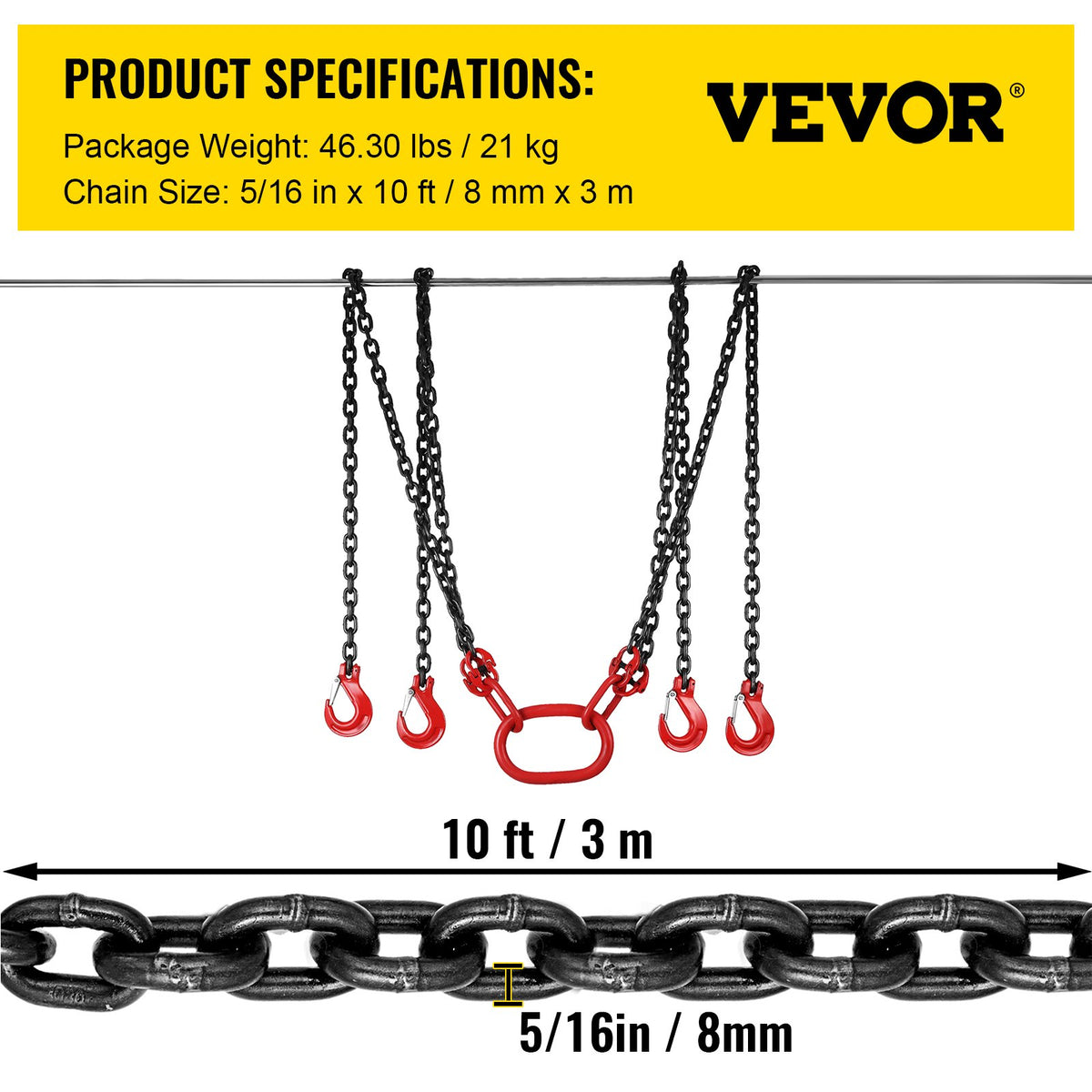 Chain Sling 5/16" X 10' Engine Lift Chain G80 Alloy Steel Engine Chain Hoist Lifts 3 Ton with 4 Leg Grab V952-3MSGLT00000000001V0
