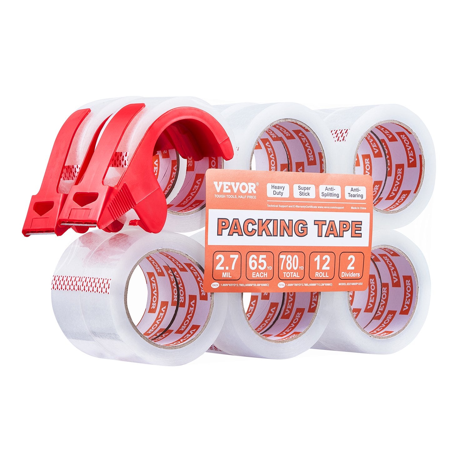 Packing Tape 12 Rolls 65 Yards Clear Shipping Tape with Dispenser 2.7 Mil V952-3YCXFXJDTM12C3NXXV0