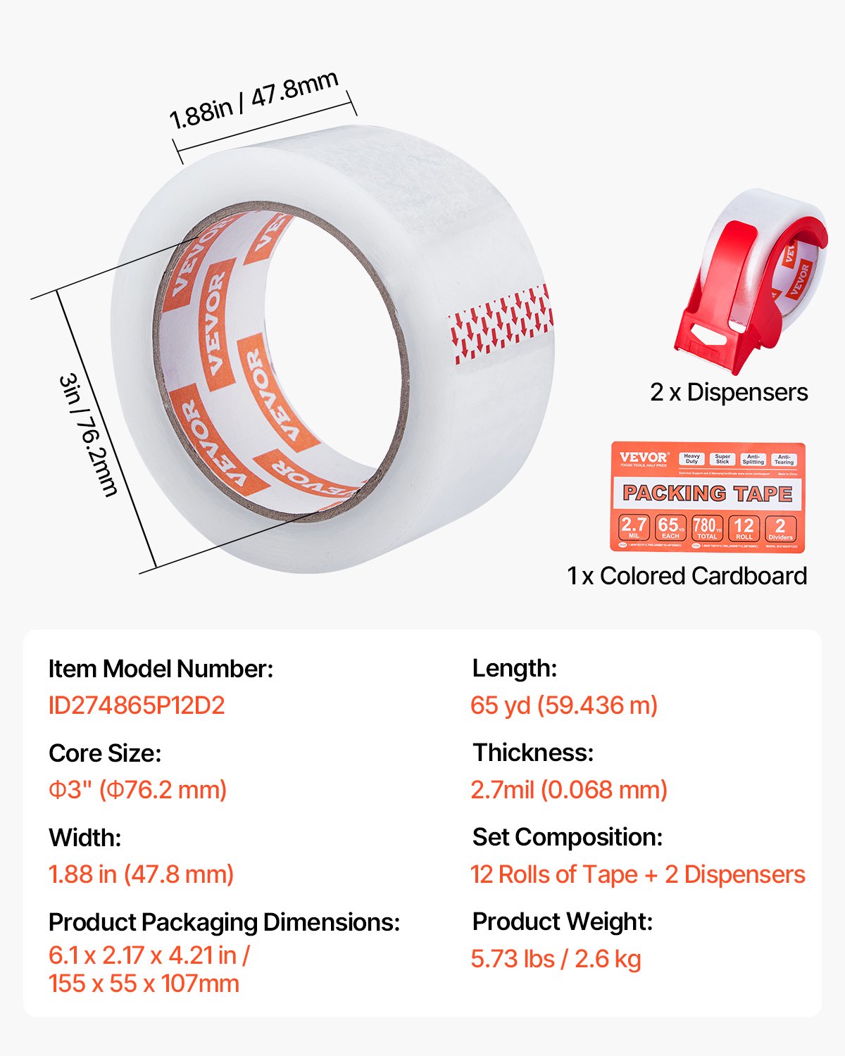 Packing Tape 12 Rolls 65 Yards Clear Shipping Tape with Dispenser 2.7 Mil V952-3YCXFXJDTM12C3NXXV0